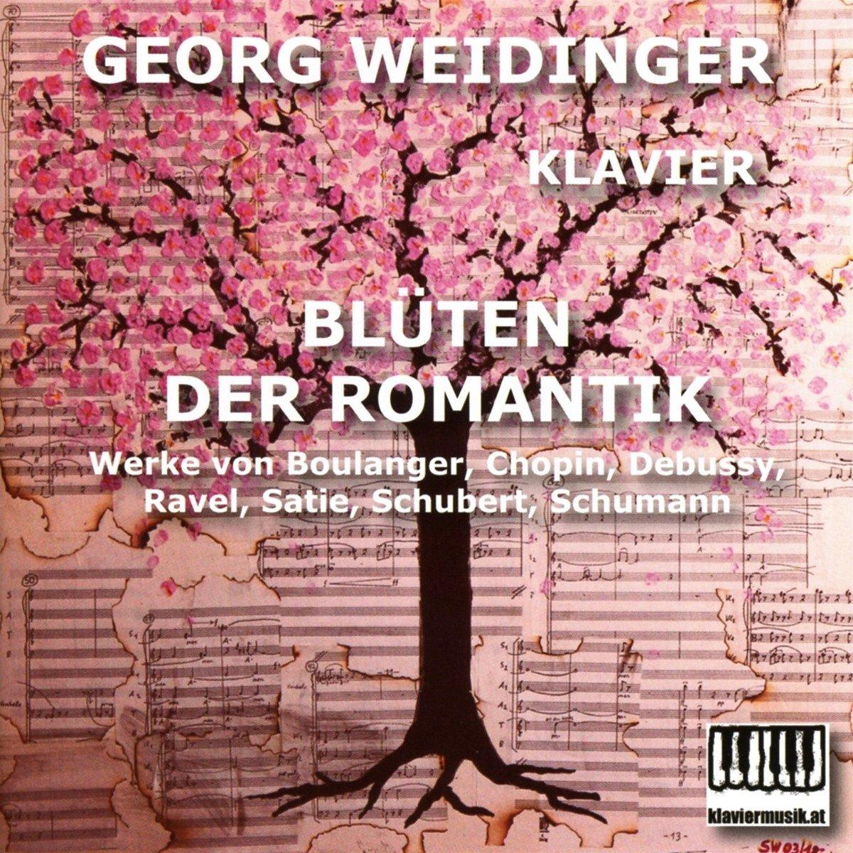 Albumcover mit rosa Kirschblütenbaum auf Notenhintergrund, Georg Weidinger Text.