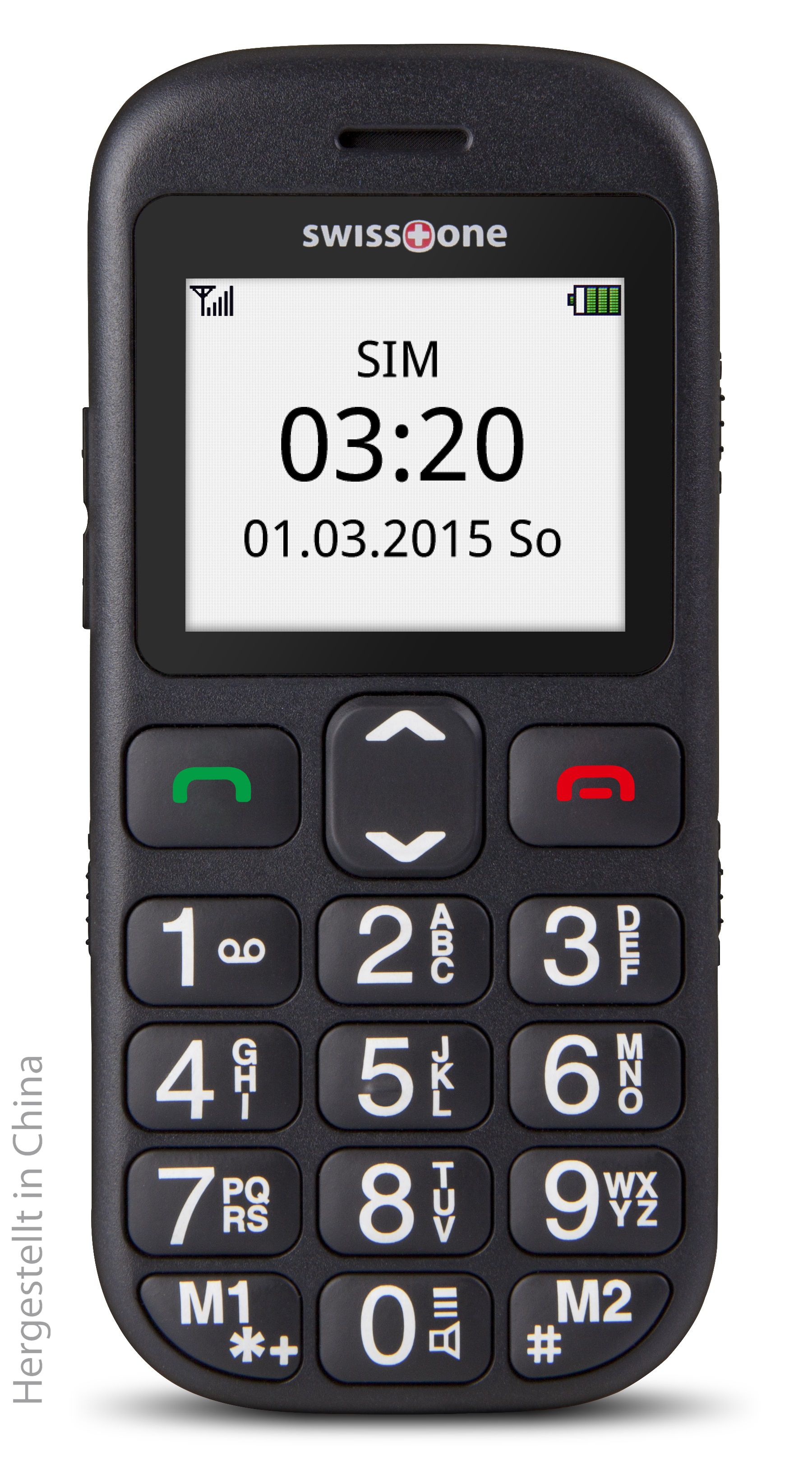 Schwarzes, einfaches Mobiltelefon mit Ziffernblock, Bildschirm zeigt Uhrzeit und Datum.