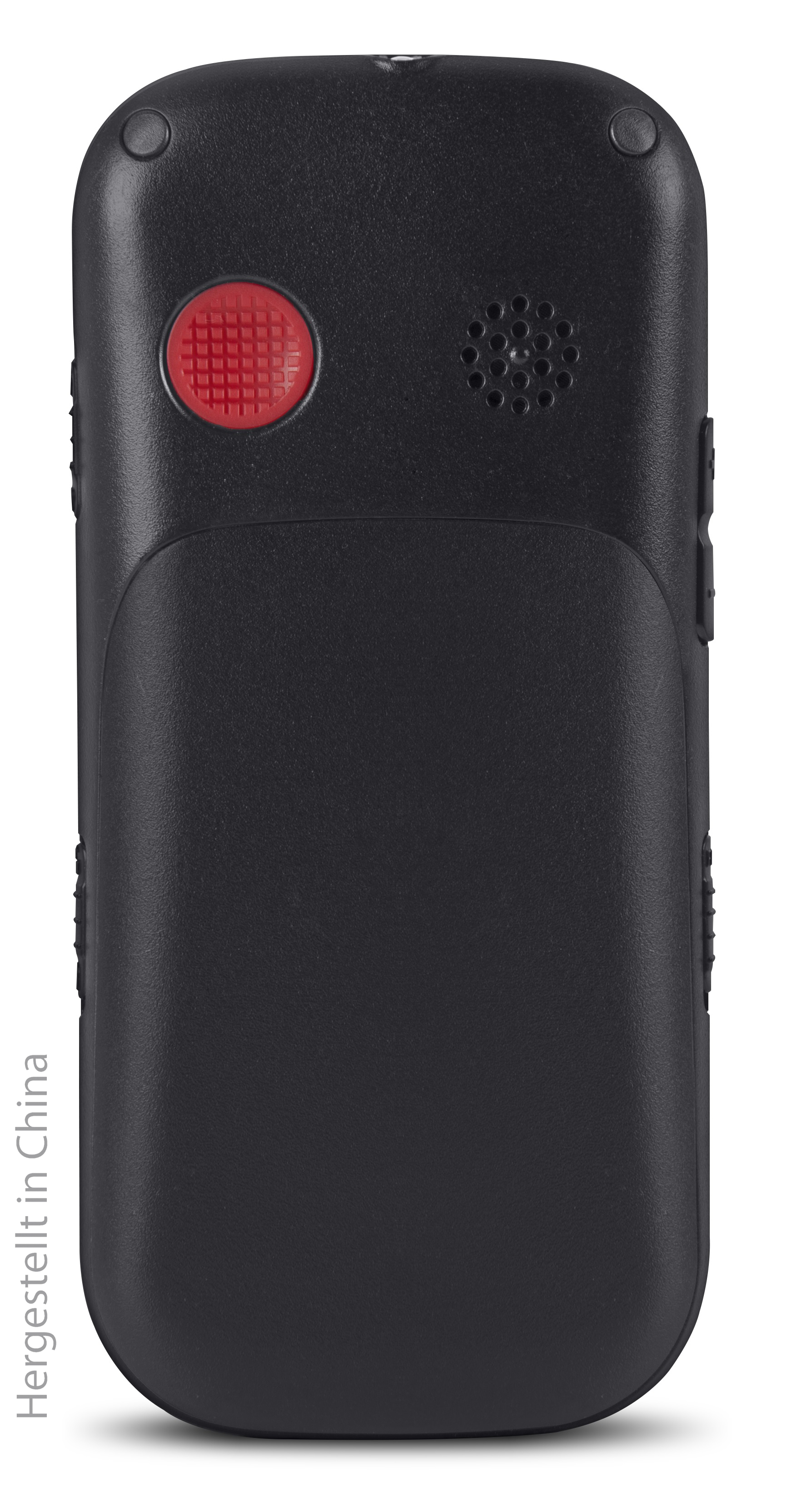 Schwarzes Telefon mit roter Taste auf der Rückseite. Das Telefon hat einen Lautsprecher und Knöpfe.