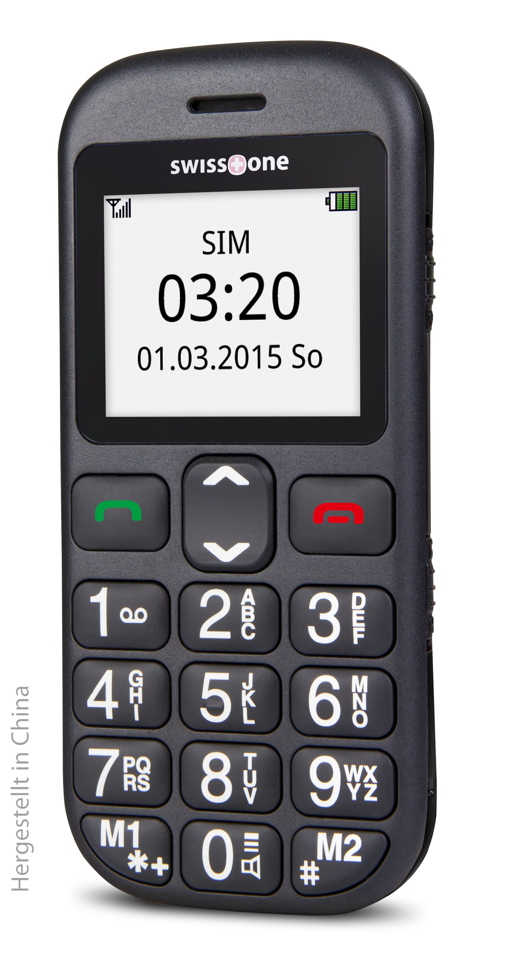 Ein schwarzes Telefon mit großen Tasten. Der Bildschirm zeigt Zeit und Datum an. Die Marke ist SwissOne.