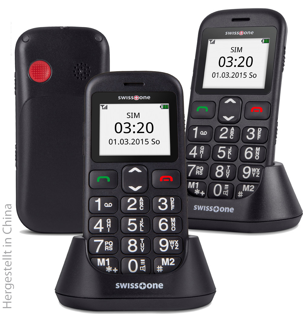 Drei schwarze Telefone. Eines mit rotem Notfallknopf und zwei mit Bildschirmen, die Zeit und Datum anzeigen.