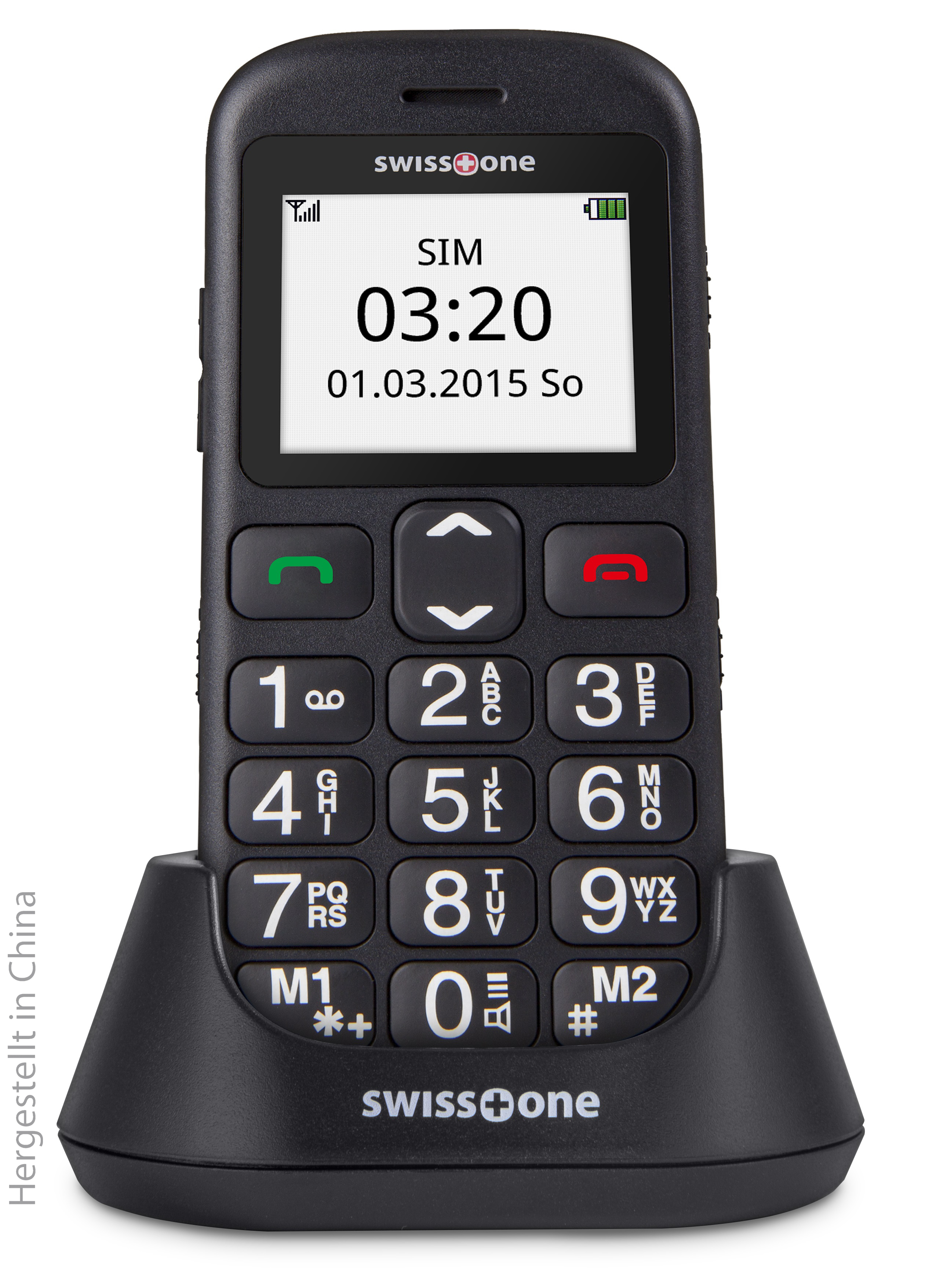 Schwarzes Telefon mit großen Tasten, das Zeit und Datum anzeigt.