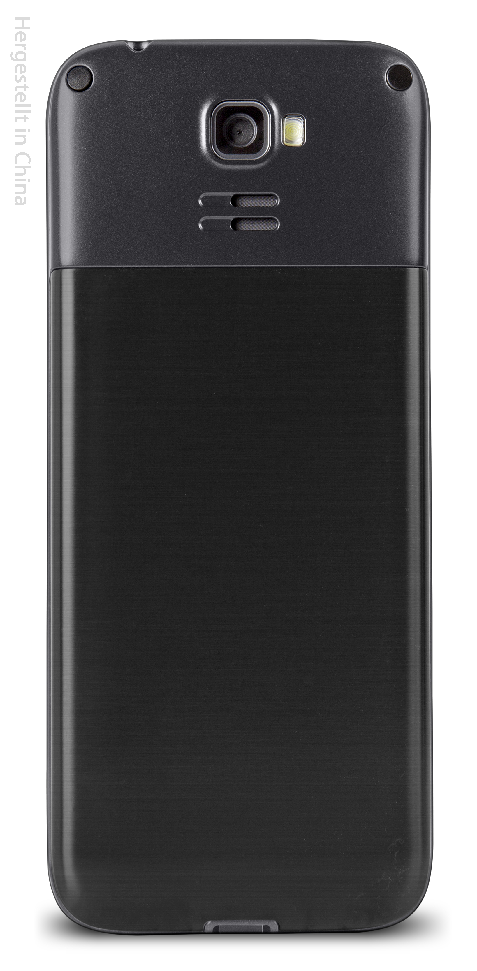 Rückseite eines dunkelgrauen Mobiltelefons.