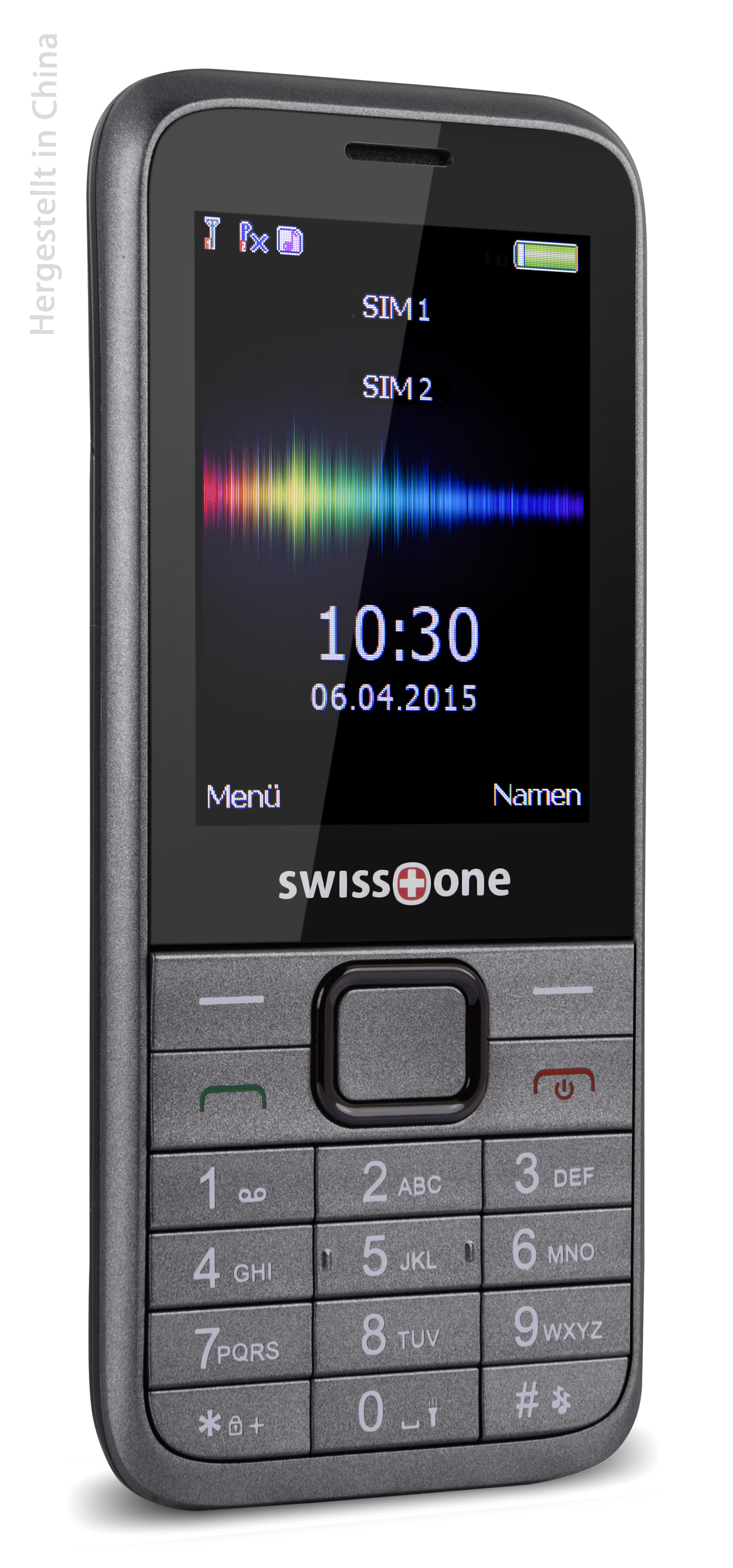 Graues Mobiltelefon mit Bildschirm, der Zeit, zwei SIMs und eine farbige Welle zeigt.