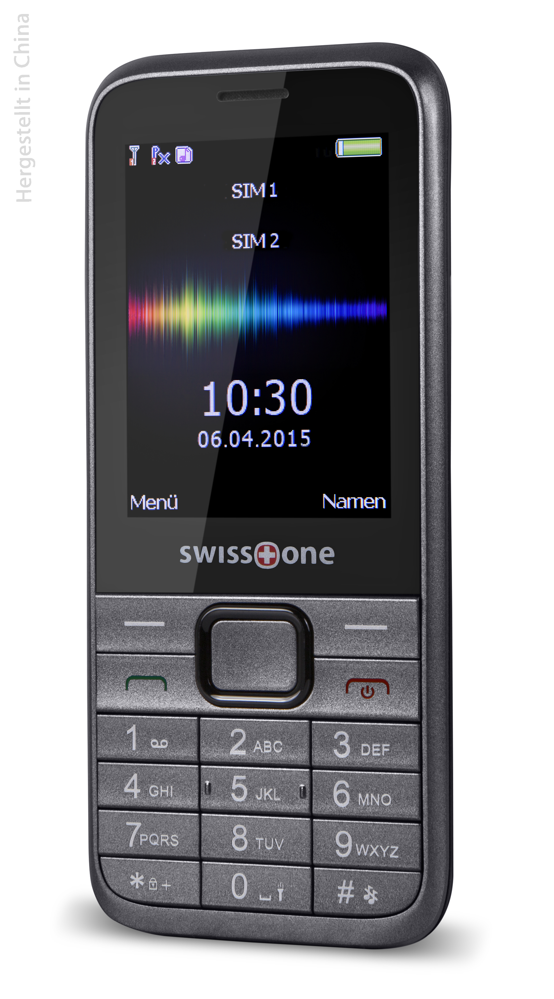 Ein dunkelgraues Swissone-Mobiltelefon mit farbenfrohem Display und Zifferntasten.