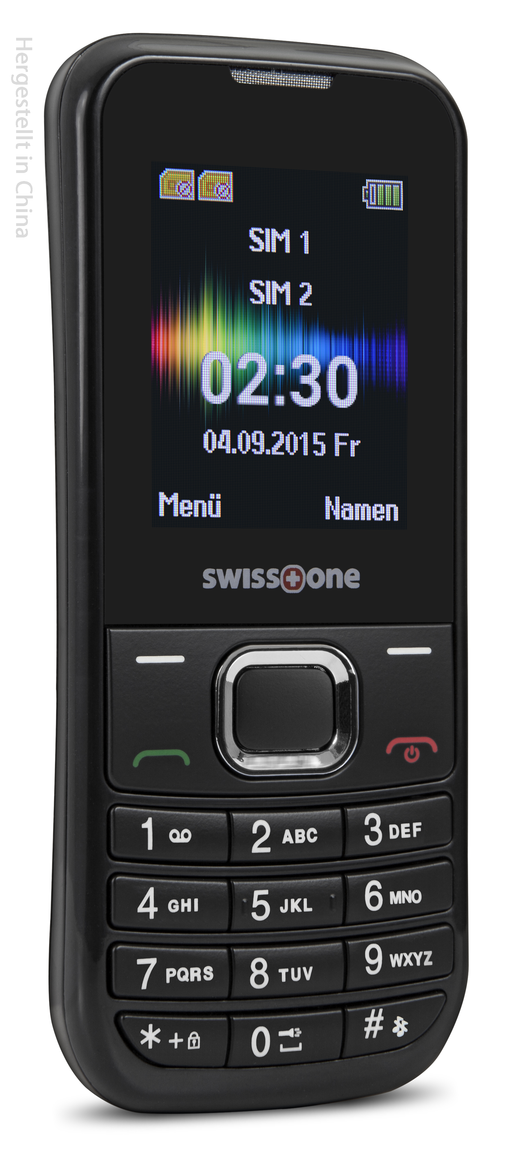 Schwarzes Swiss One Telefon mit Farbbildschirm. Zeigt Uhrzeit und Datum. Tastatur mit Zahlen und Buchstaben.