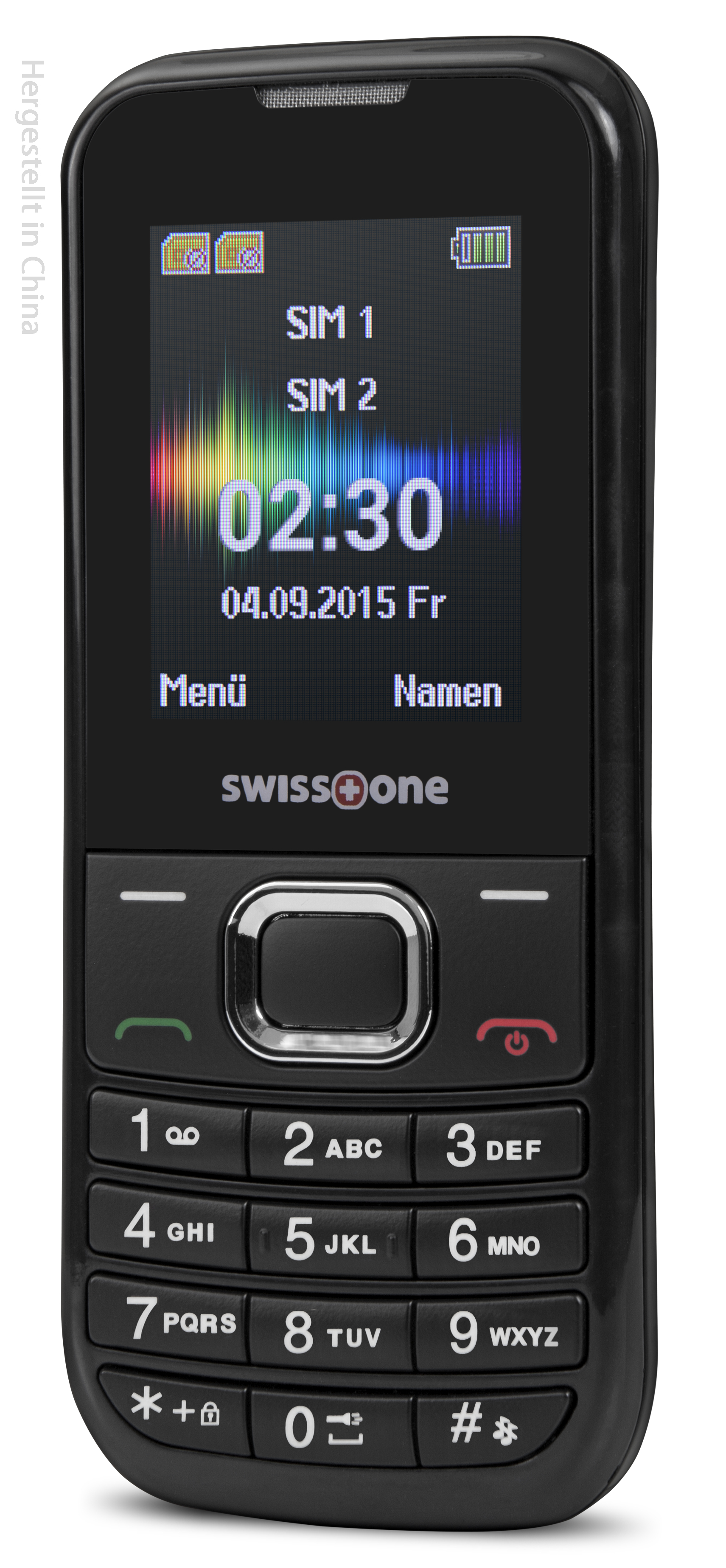Schwarzes Swiss One Telefon mit Farbbildschirm. Zeigt Uhrzeit und Datum. Tastatur mit Zahlen und Buchstaben.