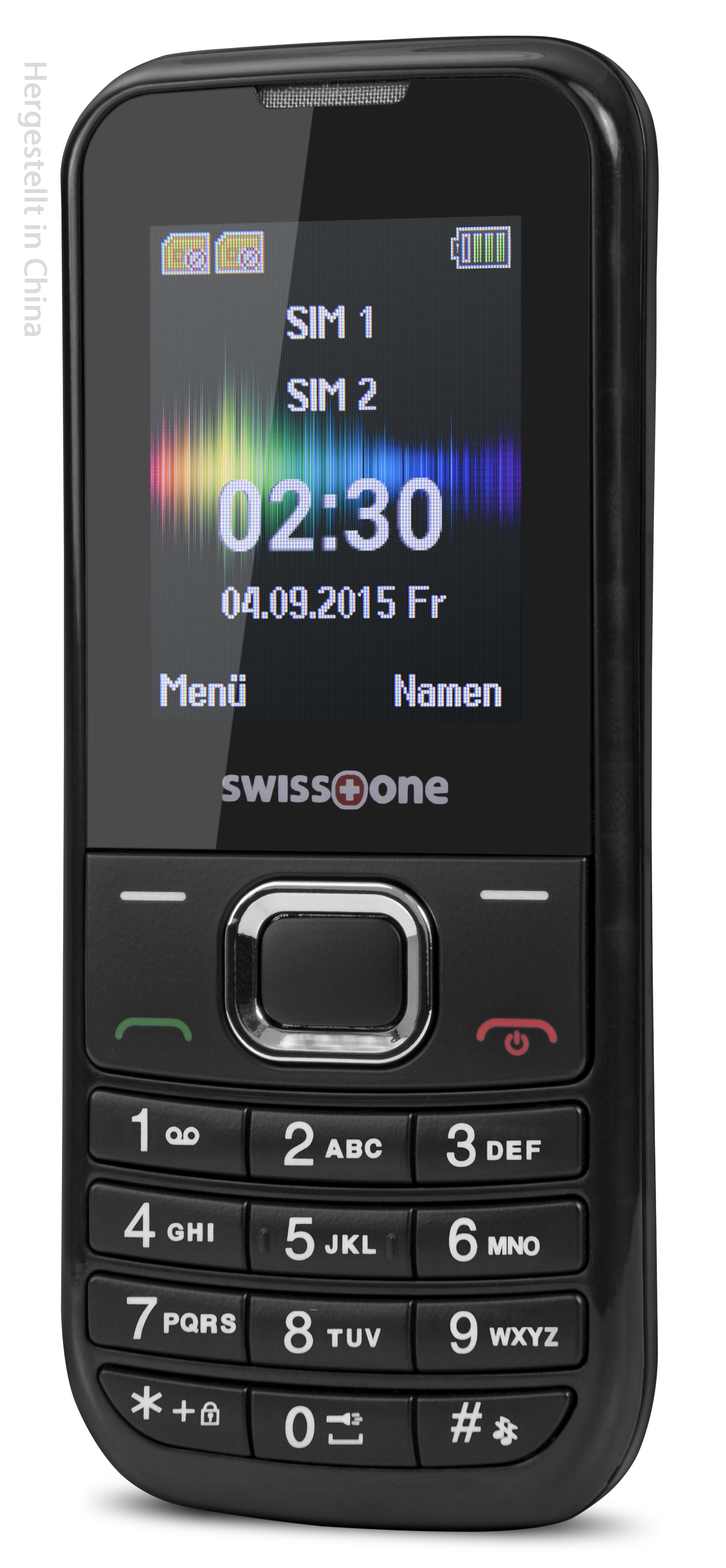 Schwarzes Mobiltelefon. Der Bildschirm zeigt die Uhrzeit und das Datum. Es hat Tasten und eine Tastatur.