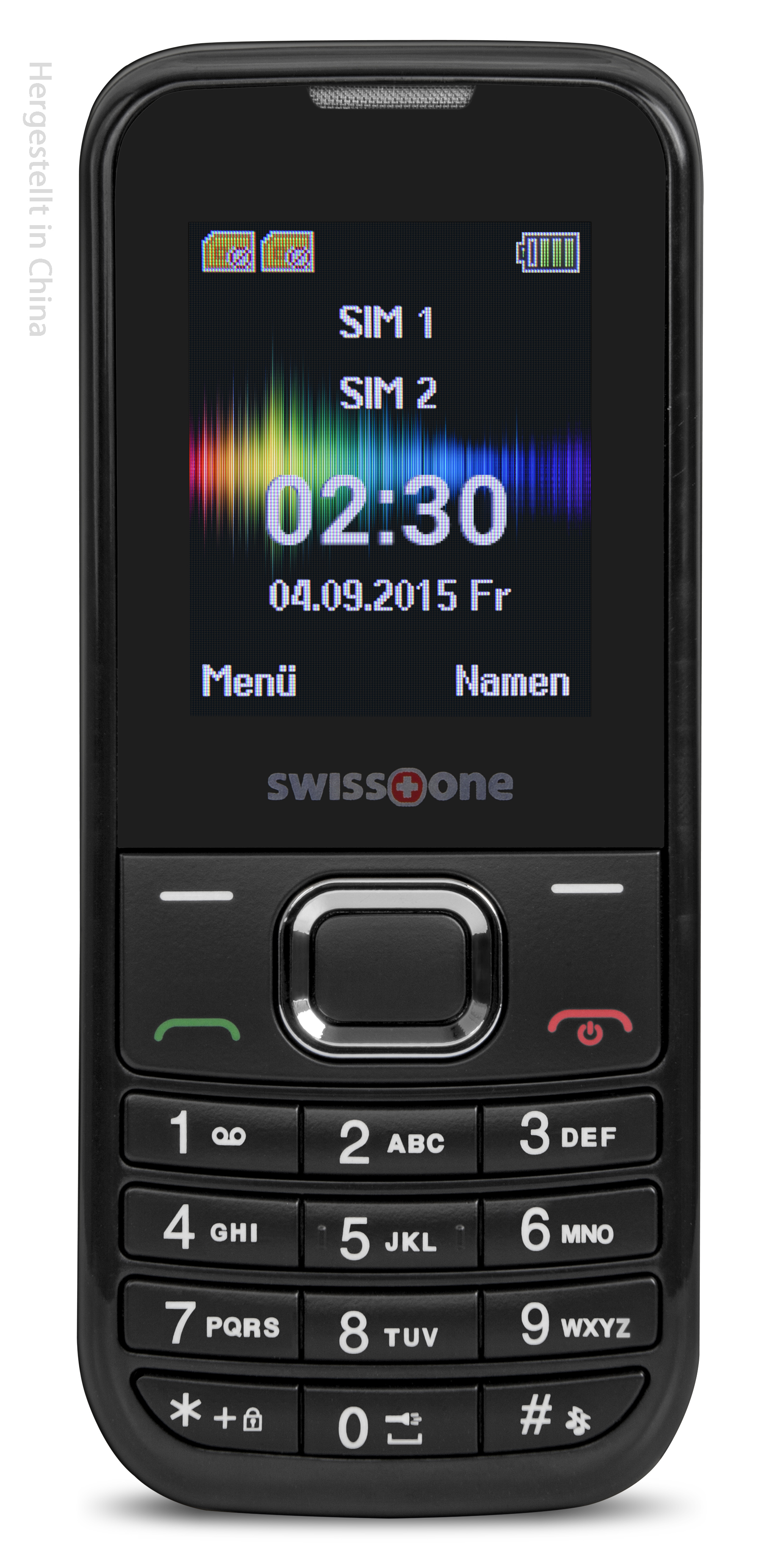 Ein schwarzes SwissOne-Mobiltelefon mit schwarzem Bildschirm, der Zeit und Datum sowie eine Regenbogen-Grafik anzeigt.