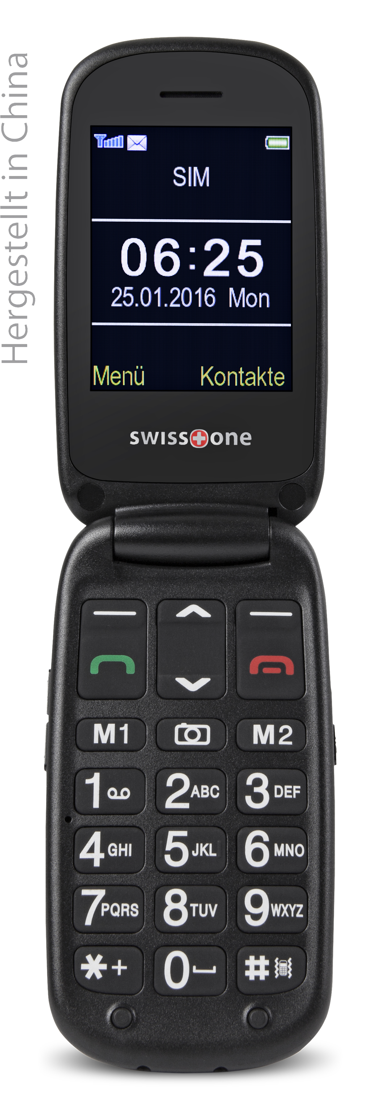 Schwarzes Klapphandy mit großen Tasten, Bildschirm zeigt Zeit und Datum. Marke 'SwissOne', hergestellt in China.