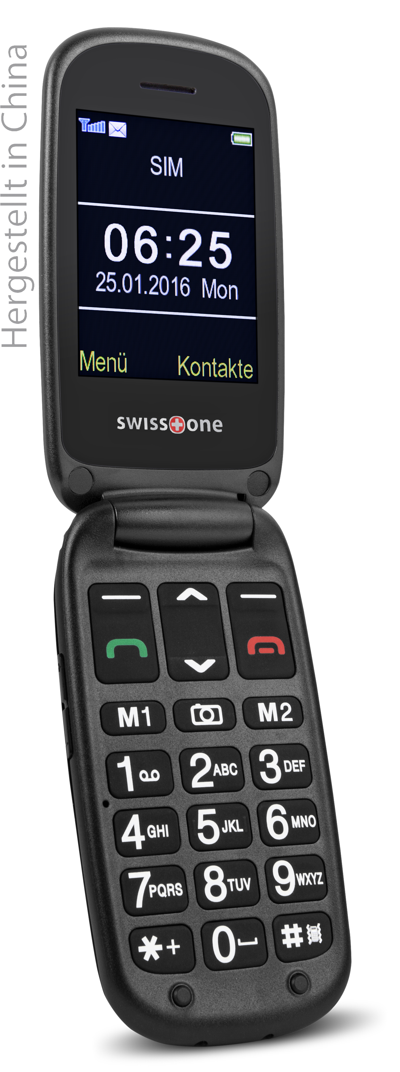 Schwarzes Klapphandy mit Ziffern und einer Uhranzeige.