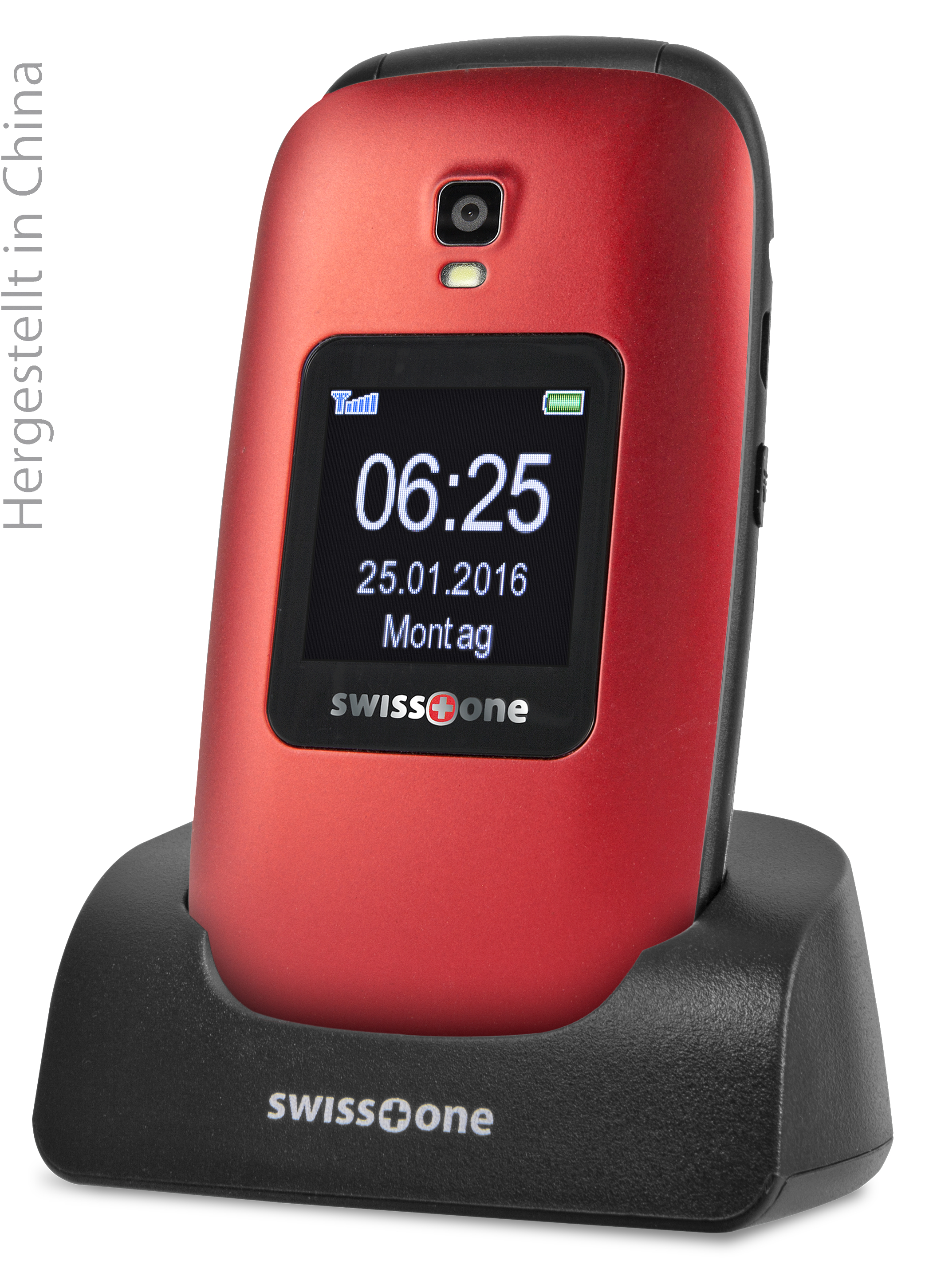 Rotes Klapphandy auf schwarzer Ladestation. Zeigt Uhrzeit, Datum und 'swiss+one' Logo.