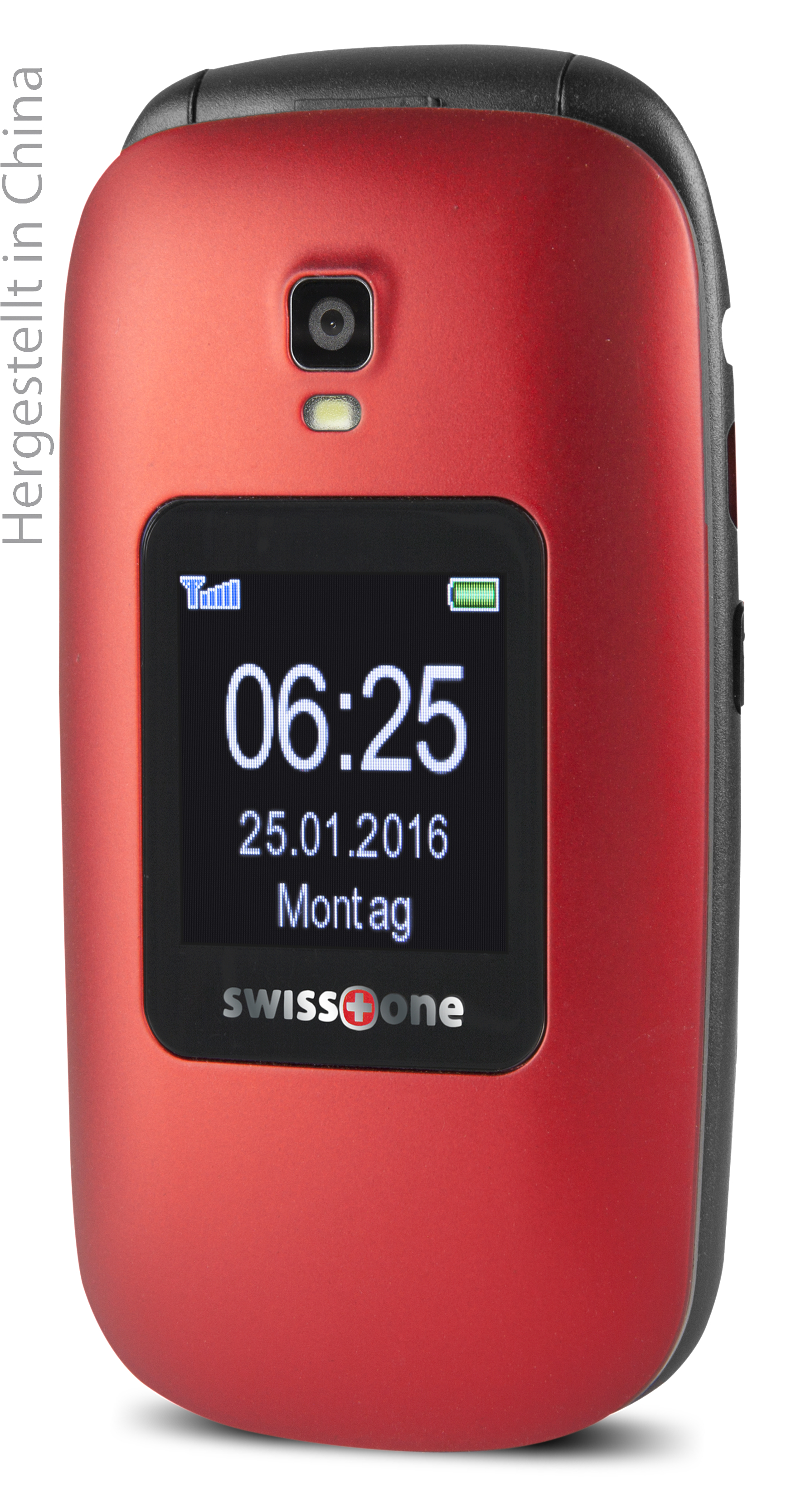 Rotes Klapphandy mit schwarzem Bildschirm, der Uhrzeit und Datum anzeigt. Text 'Swiss One' sichtbar.