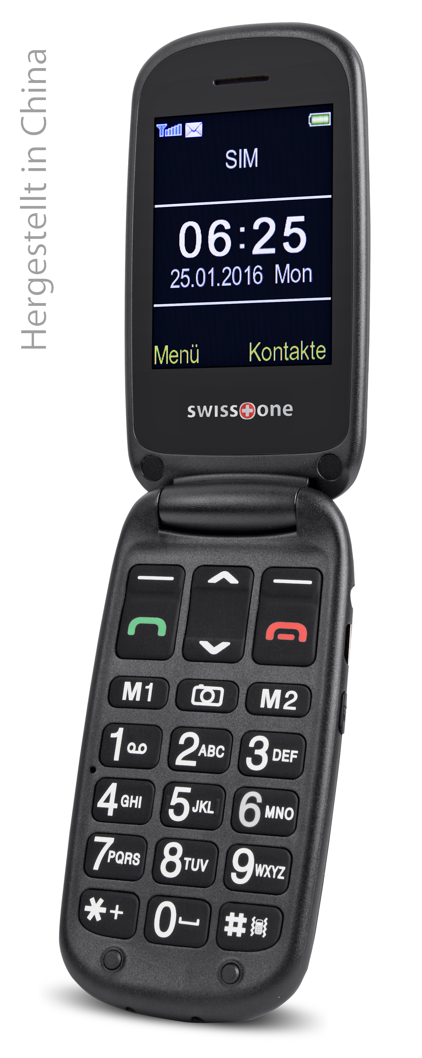 Ein schwarzes Klapphandy mit einem Bildschirm, der eine Uhrzeit anzeigt.