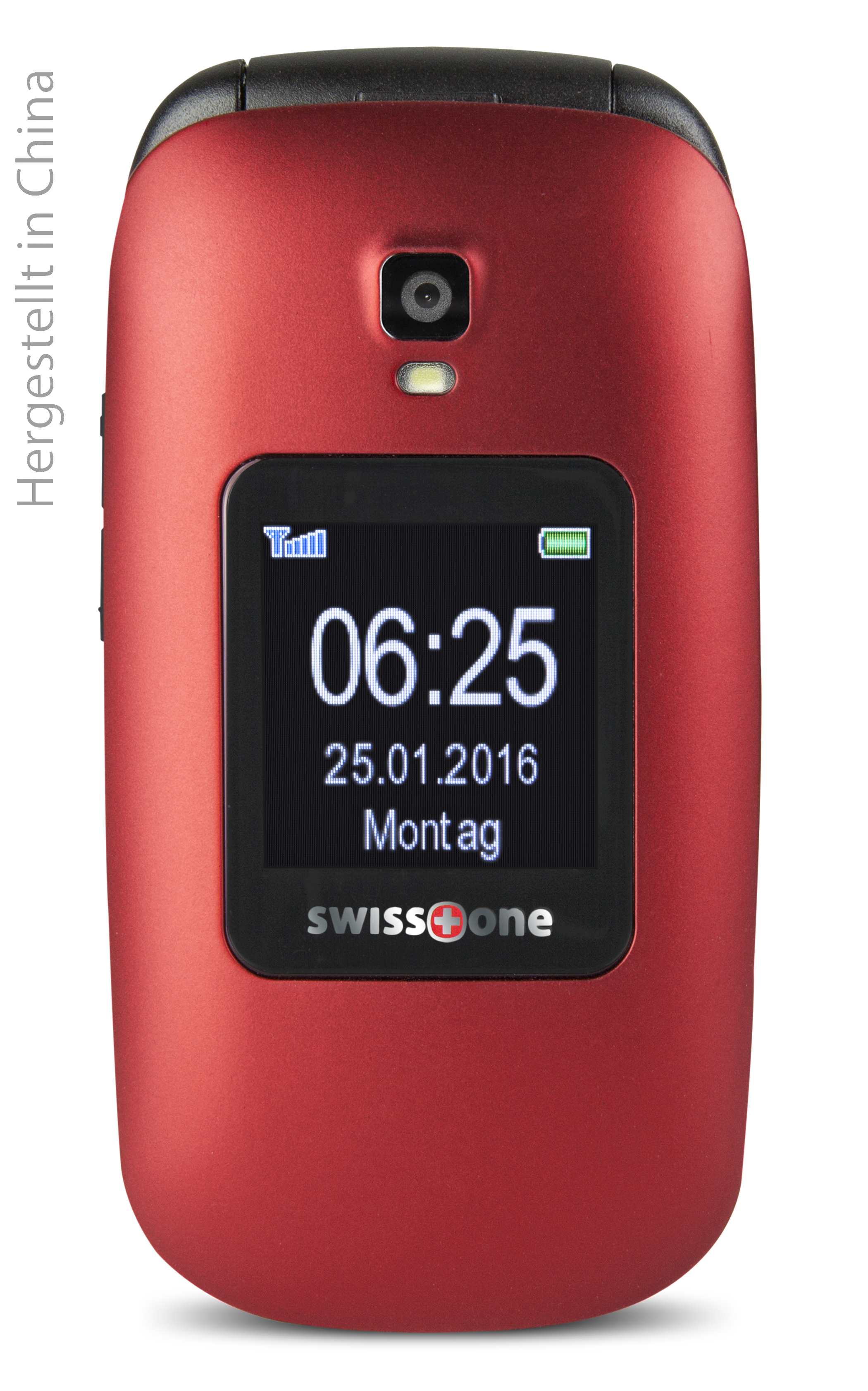 Ein rotes Klapphandy mit einem Bildschirm, der die Uhrzeit und das Datum anzeigt. Weißer Hintergrund.