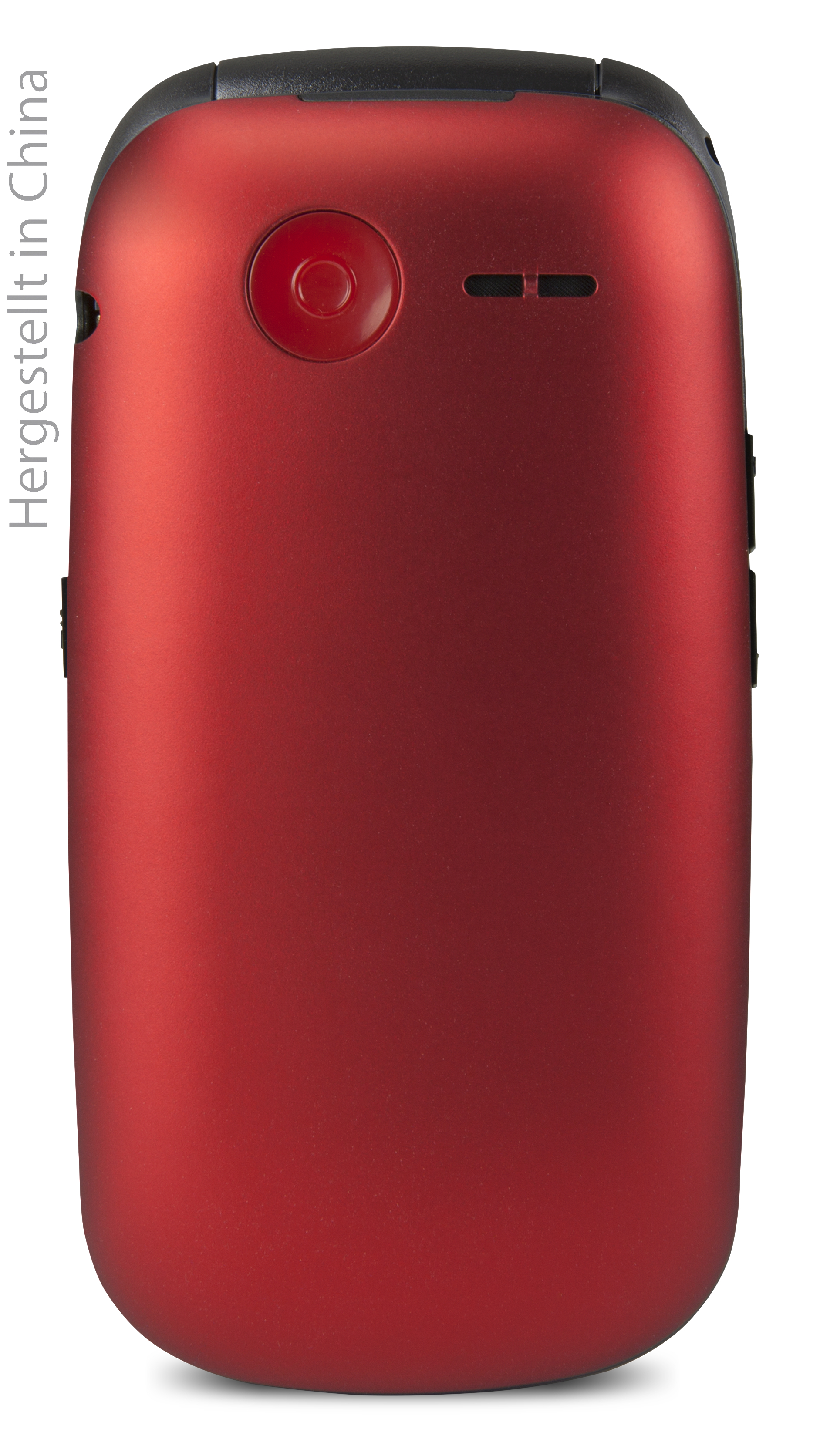 Rotes Klapphandy, Rückansicht. Zeigt Kameralinse und zwei kleine Löcher.