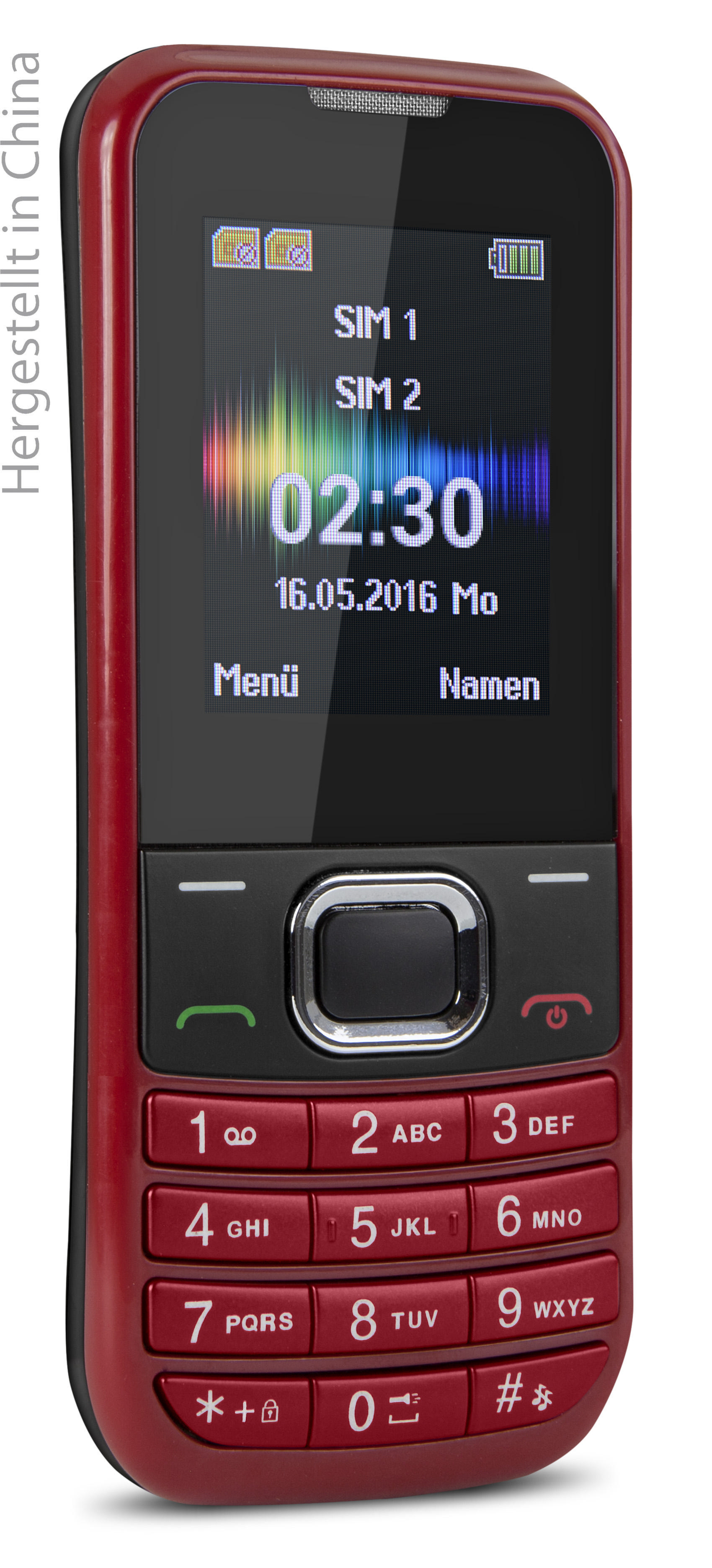 Rotes und schwarzes Mobiltelefon mit Knöpfen und Bildschirm mit Infos.