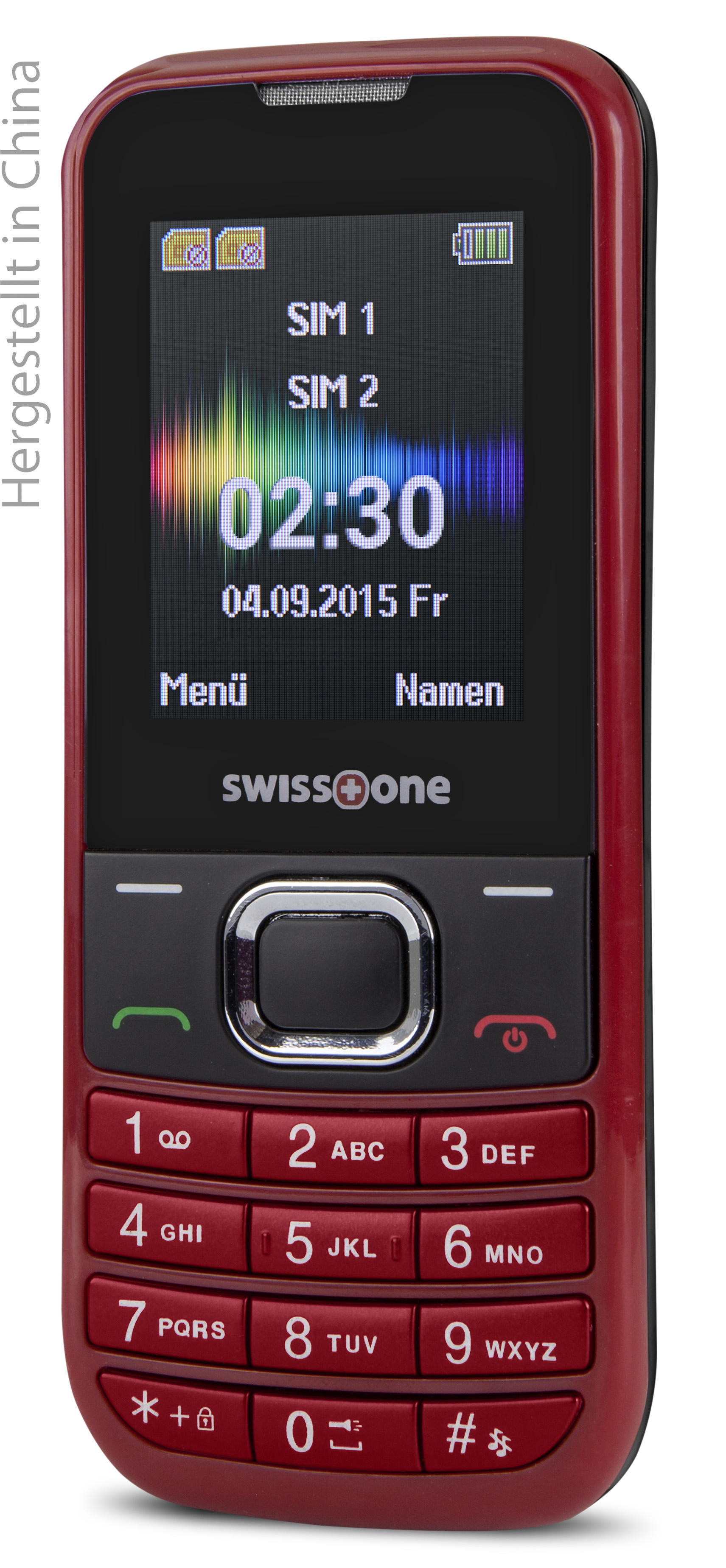 Rotes Swiss One Telefon, Vorderansicht. Zeigt Uhrzeit, Datum und Tastatur. Das Telefon ist rot.