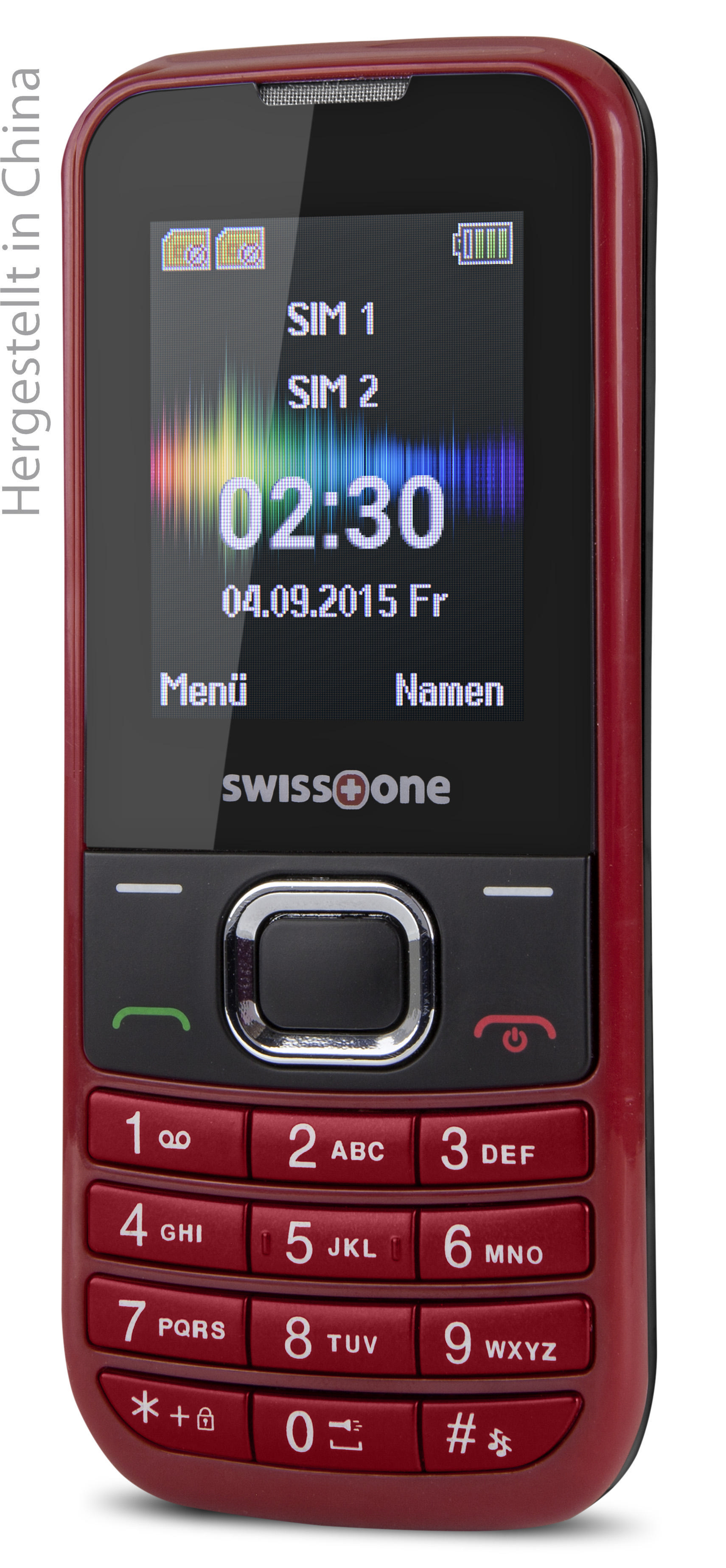 Ein rotes Handy mit Anzeige von Zeit, Datum und Signal.