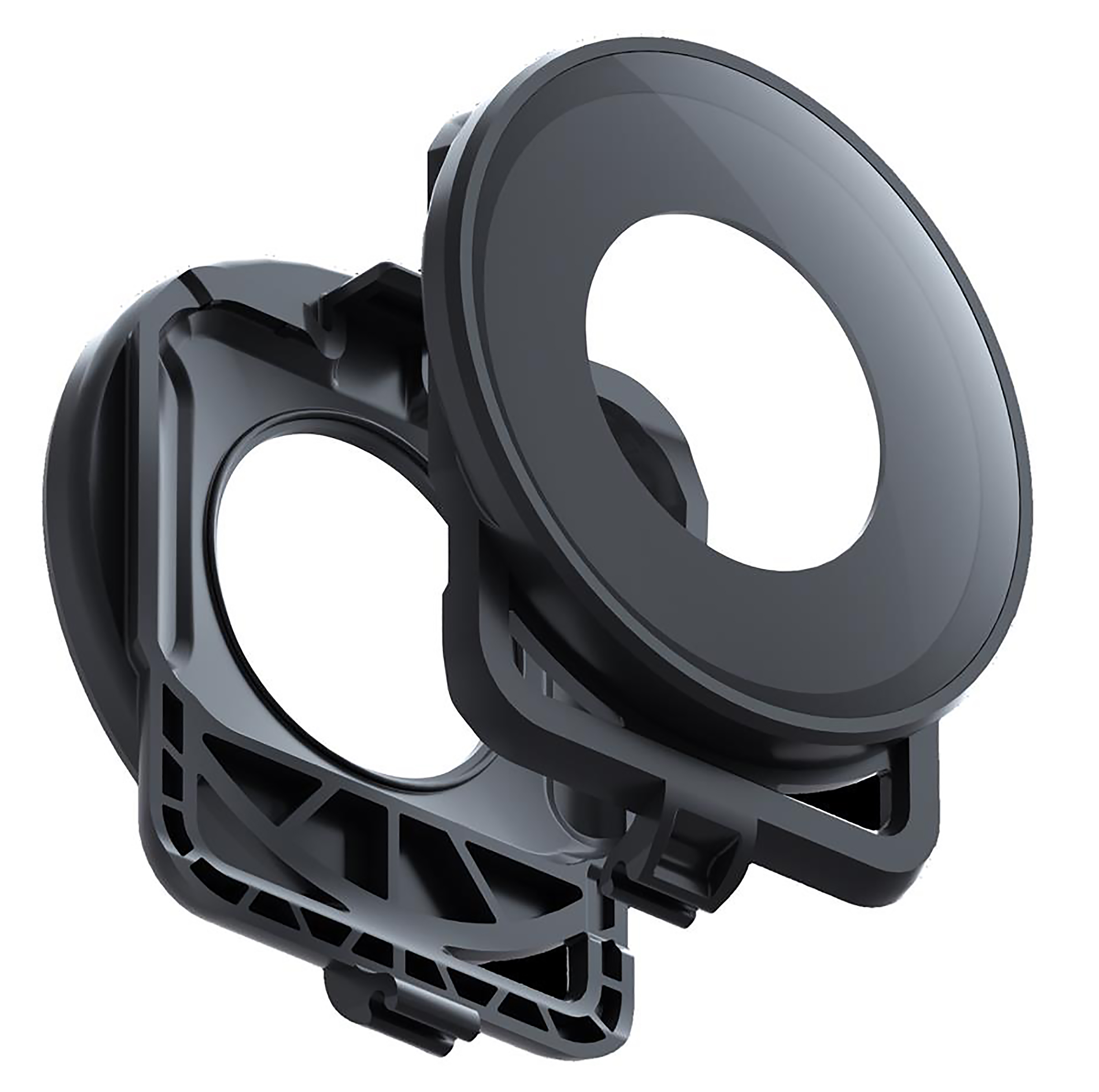 Black camera lens cap with a round opening. White background.