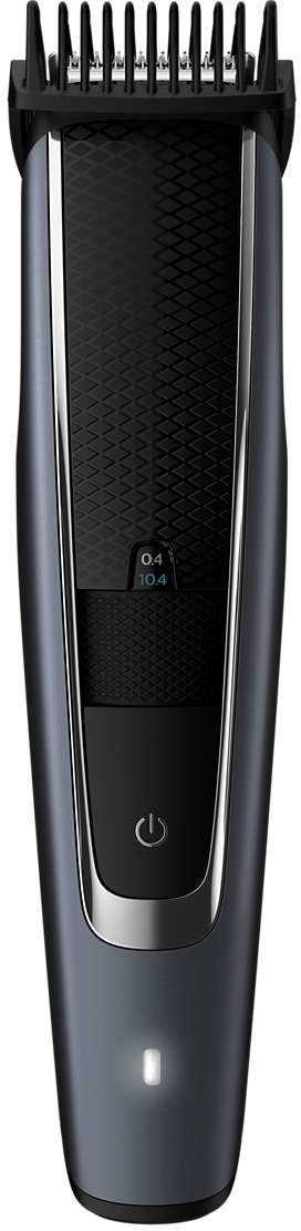 Een grijze en zwarte Philips baardtrimmer. Het heeft een zwarte mesbeschermer, een aan/uit-knop en een klein display.
