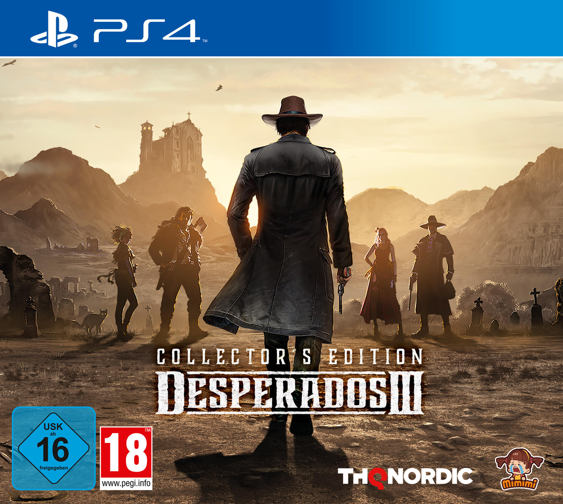 Desperados III Spielcover. Charaktere in Western-Umgebung. PS4-Logo oben. Sonnenuntergang im Hintergrund.