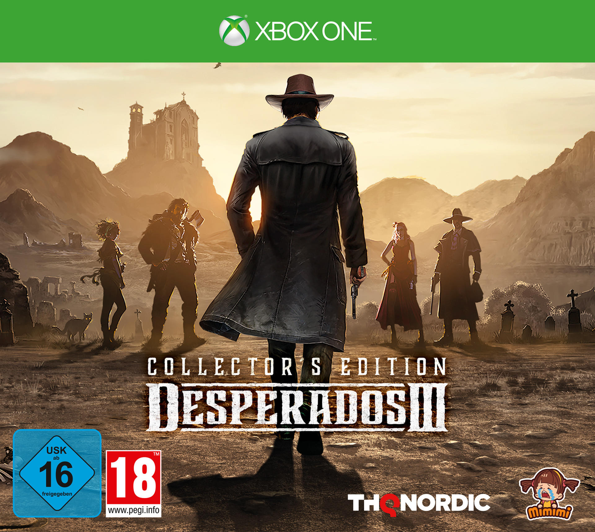 Desperados III Spielbox-Art mit Cowboy im Zentrum, andere Charaktere drumherum.
