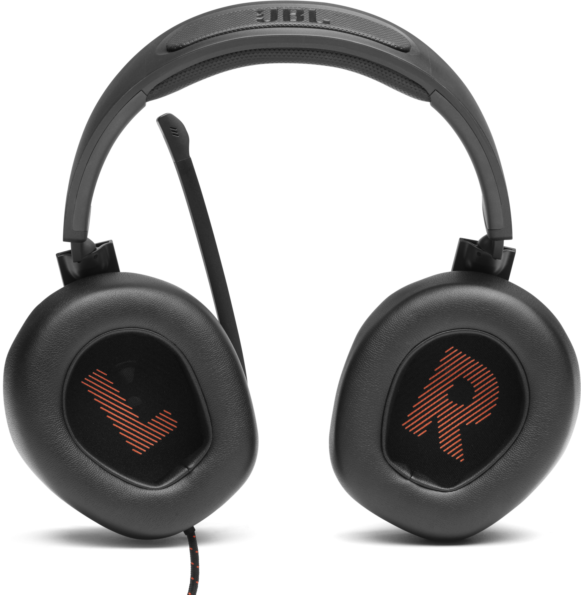 Schwarzes JBL-Gaming-Headset mit roten Akzenten. Auf den Ohrmuscheln stehen 'L' und 'R'. Ein Mikrofon geht von der linken Ohrmuschel aus.
