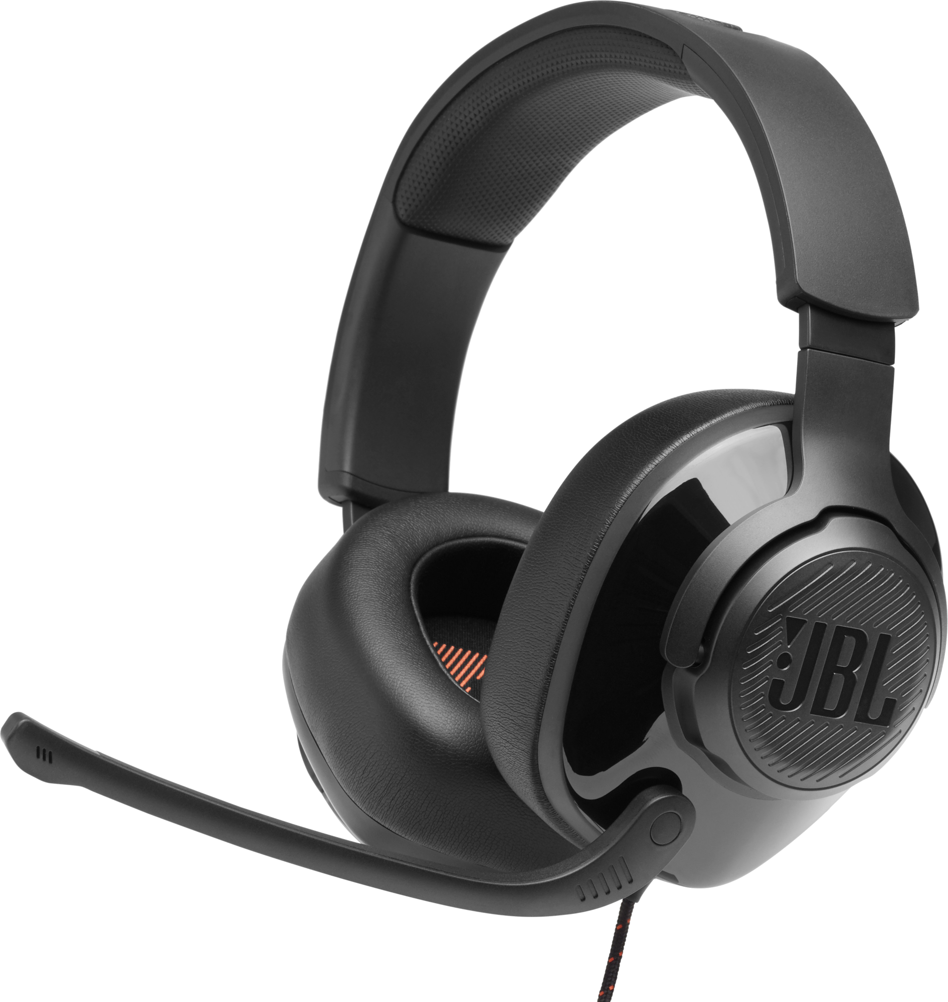 Schwarzes JBL-Gaming-Headset mit Mikrofon. Das Headset hat Ohrmuscheln, einen Kopfbügel und das JBL-Logo.