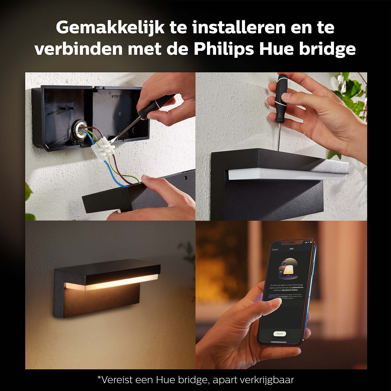A sequence of images showing a person installing a Philips Hue outdoor light fixture.