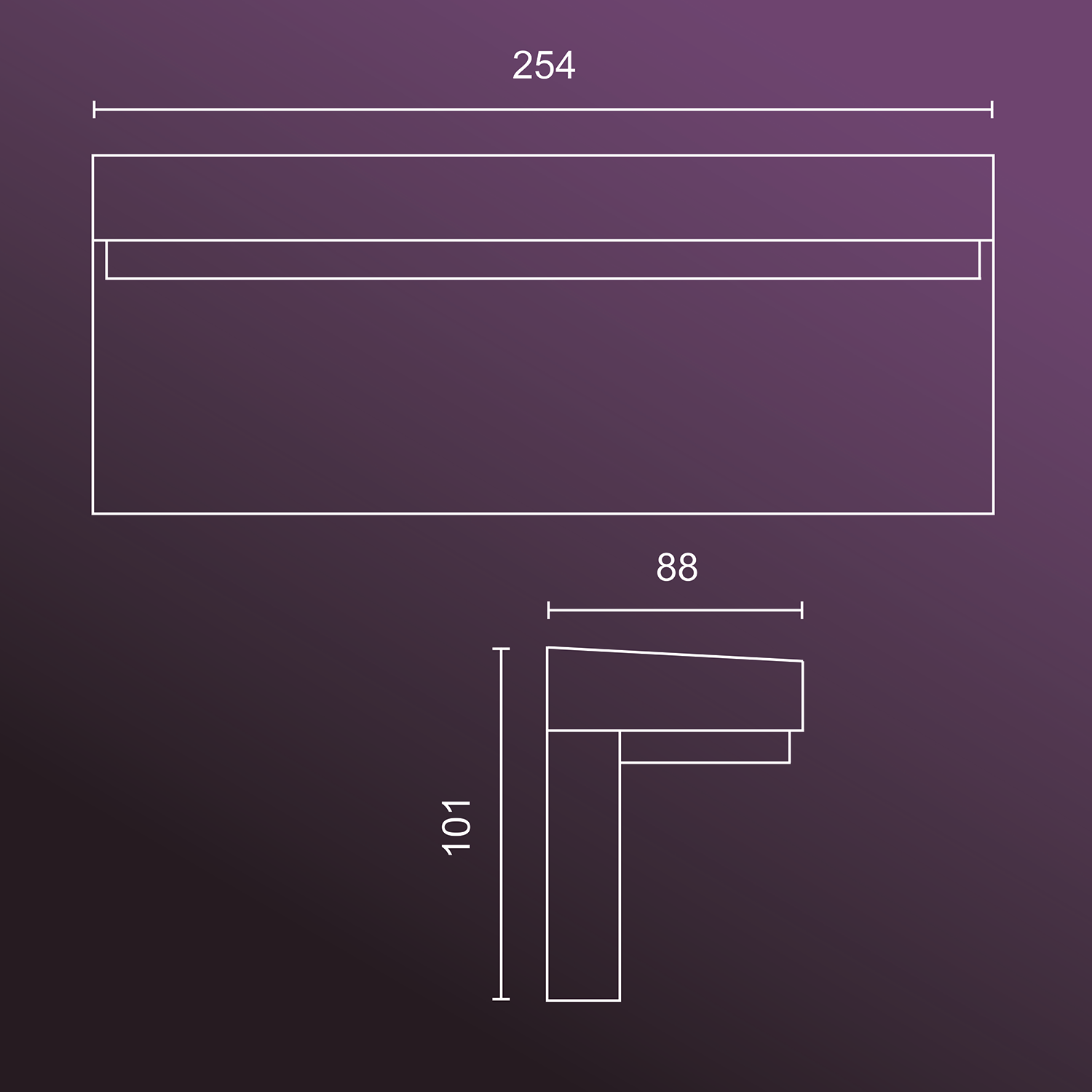 Line drawing of a drawer, with dimensions 254x88x101 mm. The drawing is white on a dark background.