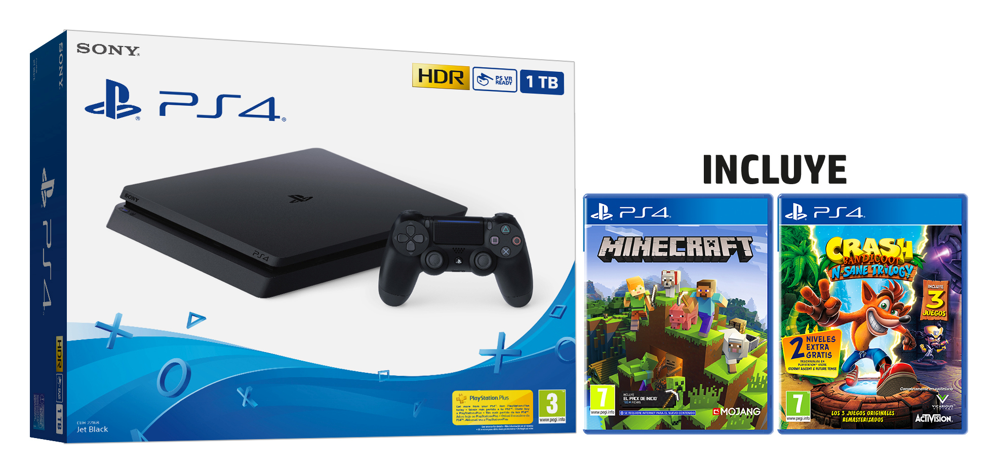 Consola - Sony PS4 Jet Black, 1 TB, DualShock 4, Juego Minecraft (Ed. Bedrock) + Crash Bandicoot N.Sane Trilogy