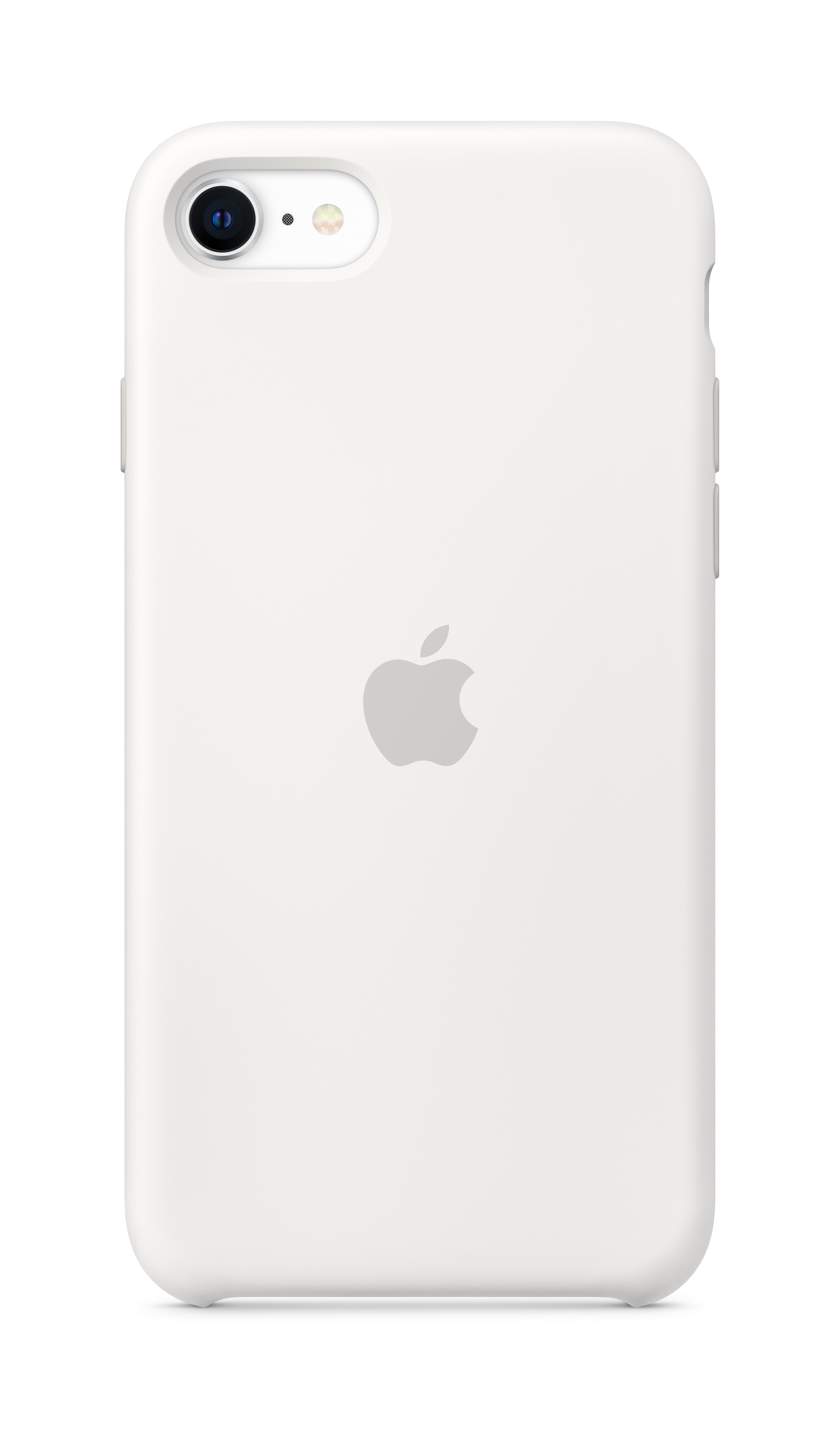 Weiße iPhone-Hülle mit zentralem Apple-Logo. Das Kameraobjektiv befindet sich oben links.