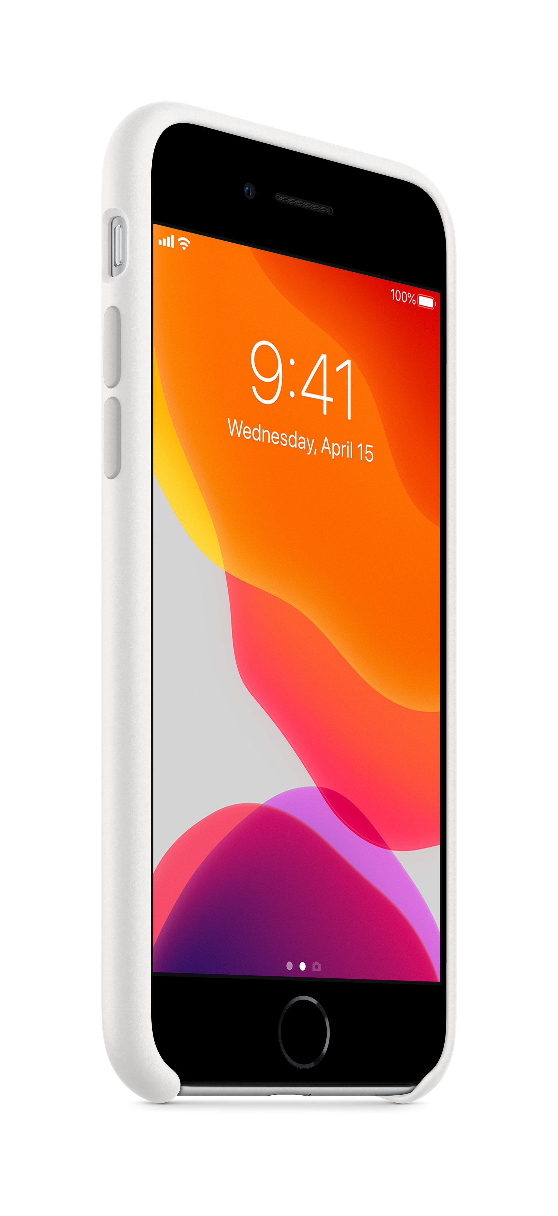 Weißes iPhone mit Bildschirm, der die Uhrzeit und einen bunten Hintergrund zeigt.