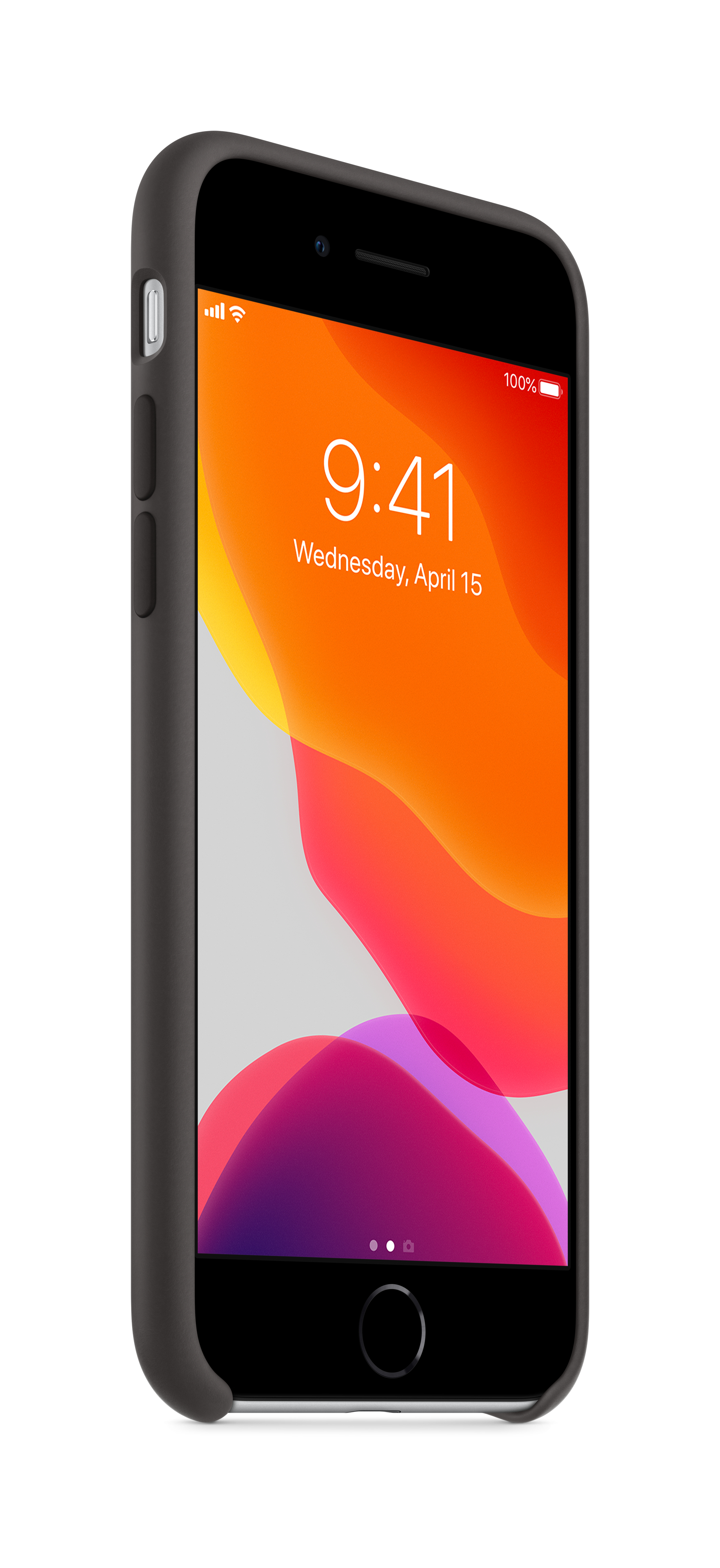 Eine Seitenansicht eines schwarzen iPhones in einer schwarzen Hülle, der Bildschirm ist an.