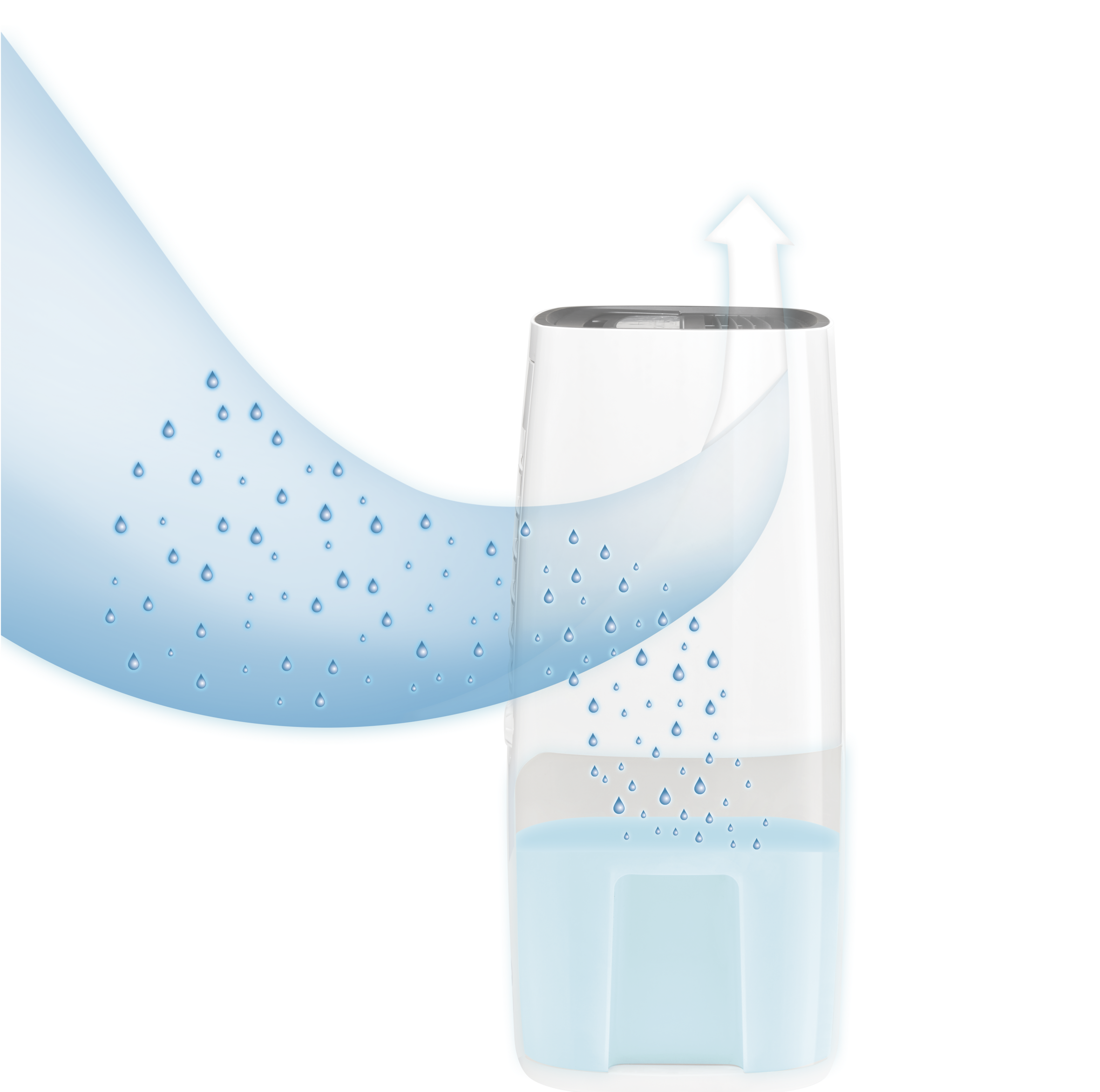 Humidificateur blanc et noir avec eau et gouttes bleues. Une flèche vers le haut indique la brume.