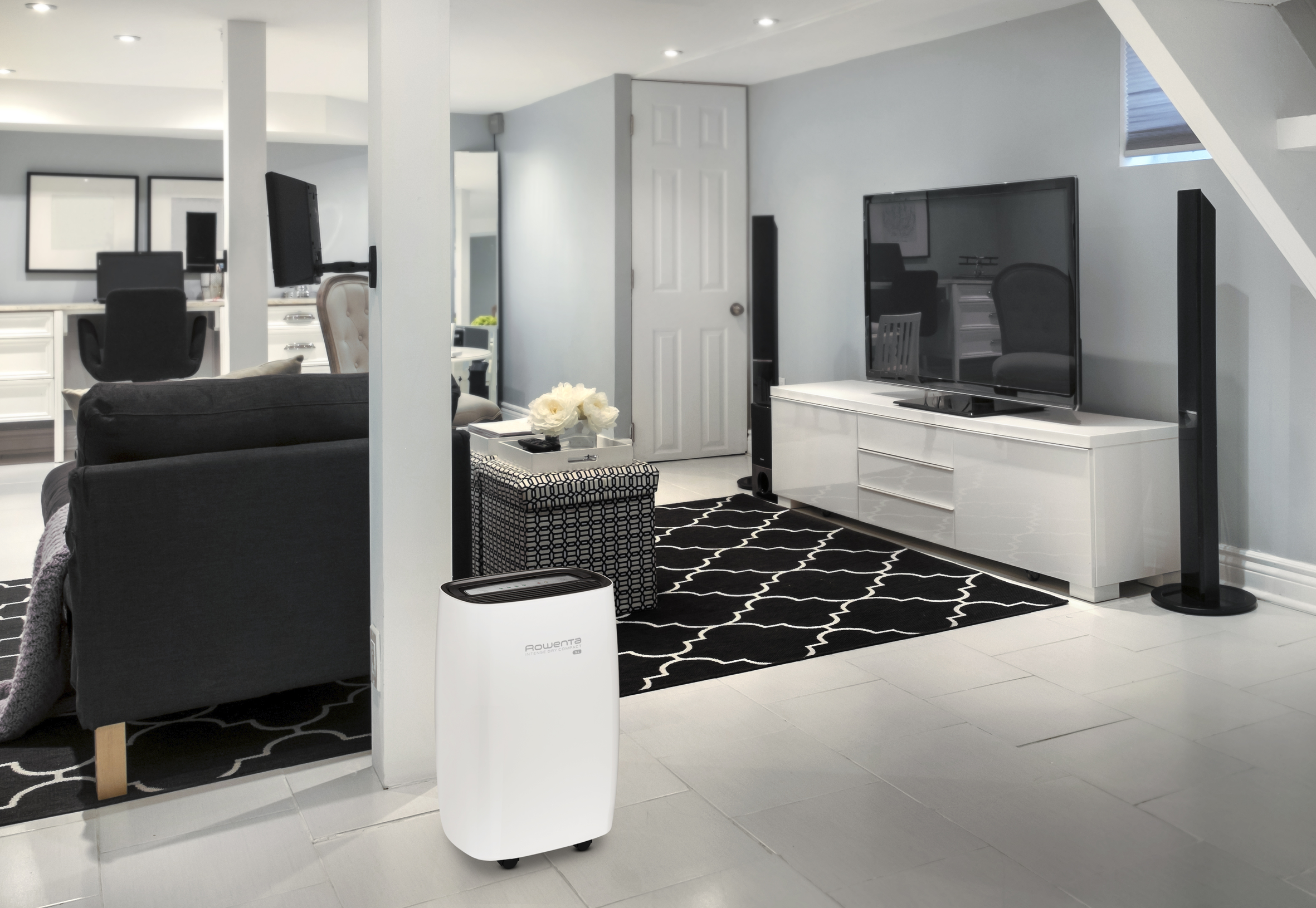 Salon moderne au sous-sol avec murs blancs, tapis noir et blanc, TV et déshumidificateur.