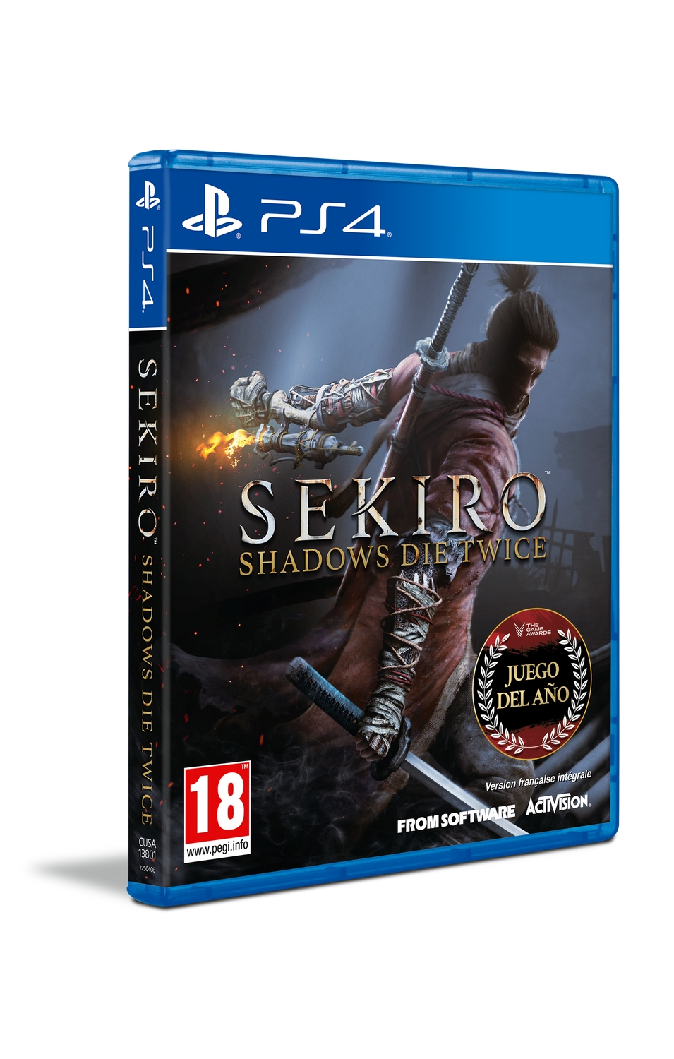 Caja de juego PS4 para Sekiro: Shadows Die Twice. Muestra personaje con espada. Caja azul con título.