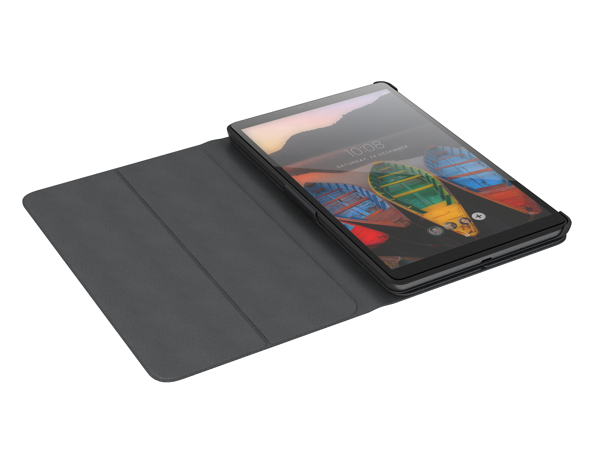 Tablet in een grijze hoes, met een scherm met boten op een meer en een zaterdagdatum.