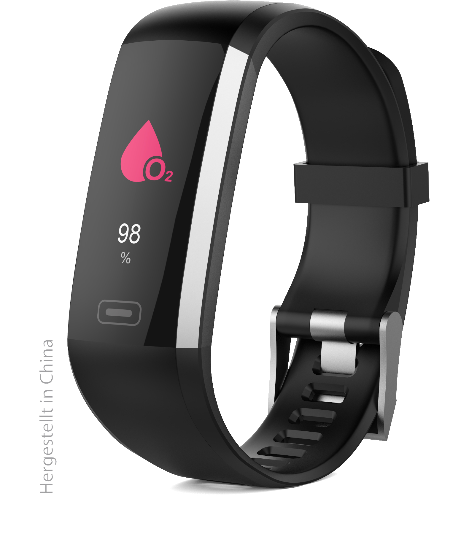 Schwarzer Fitness-Tracker mit rosa Herzfrequenzanzeige und silberner Schließe.