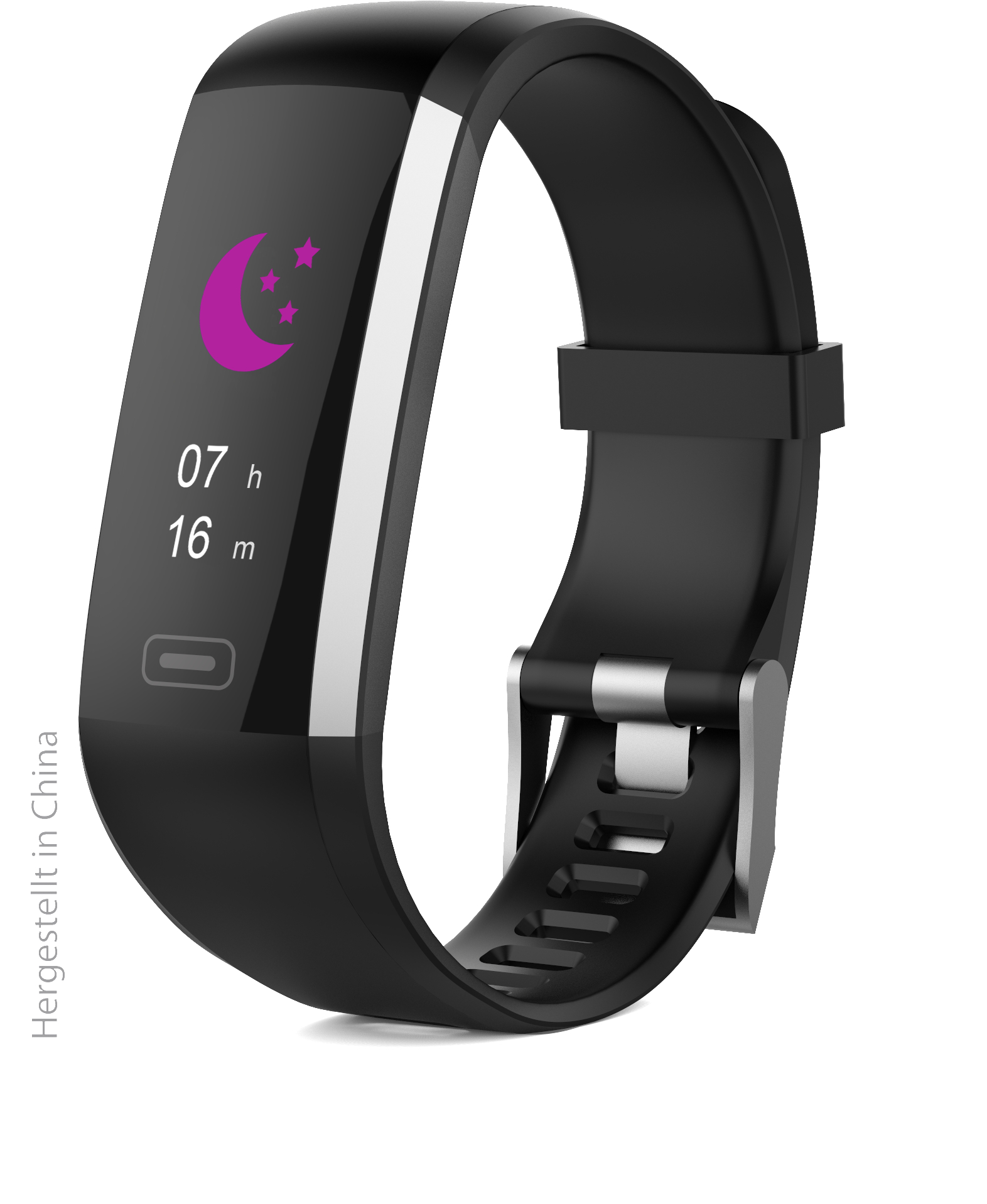 Schwarzer Fitness-Tracker. Zeigt Schlafanalyse und Uhrzeit. Weißer Hintergrund.