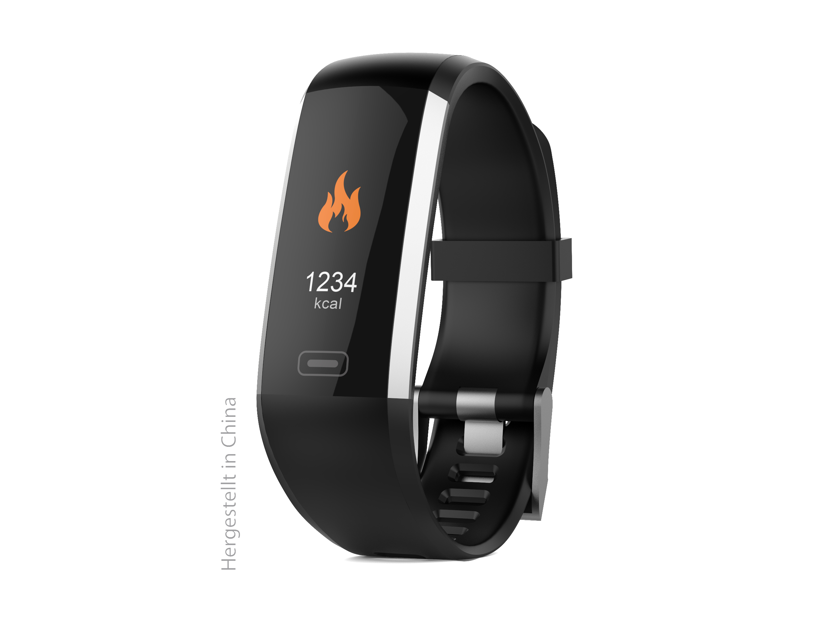 Schwarze Fitness-Tracker-Uhr mit Display, das ein Flammen-Symbol und '1234 kcal' zeigt. Schwarzes Armband.