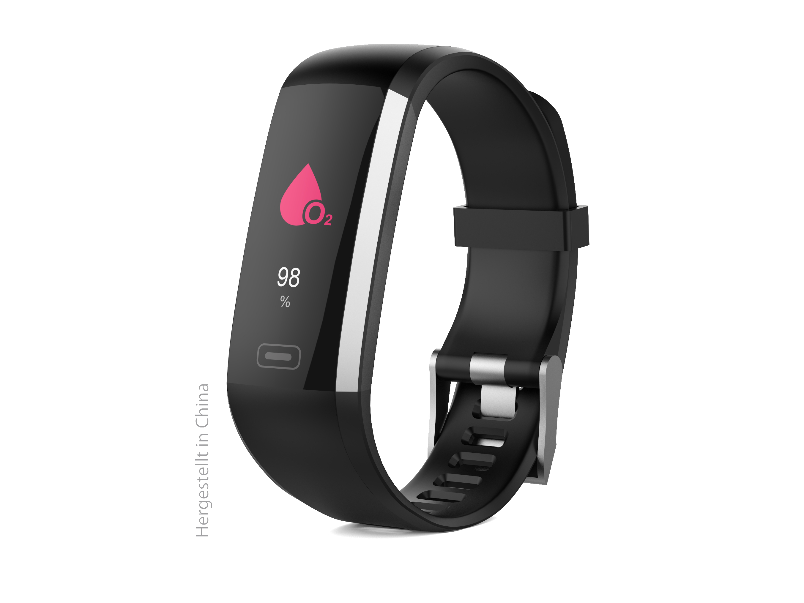 Schwarzes Fitness-Tracker-Armband mit pinkfarbenem Herz und Prozentanzeige, weißer Hintergrund.