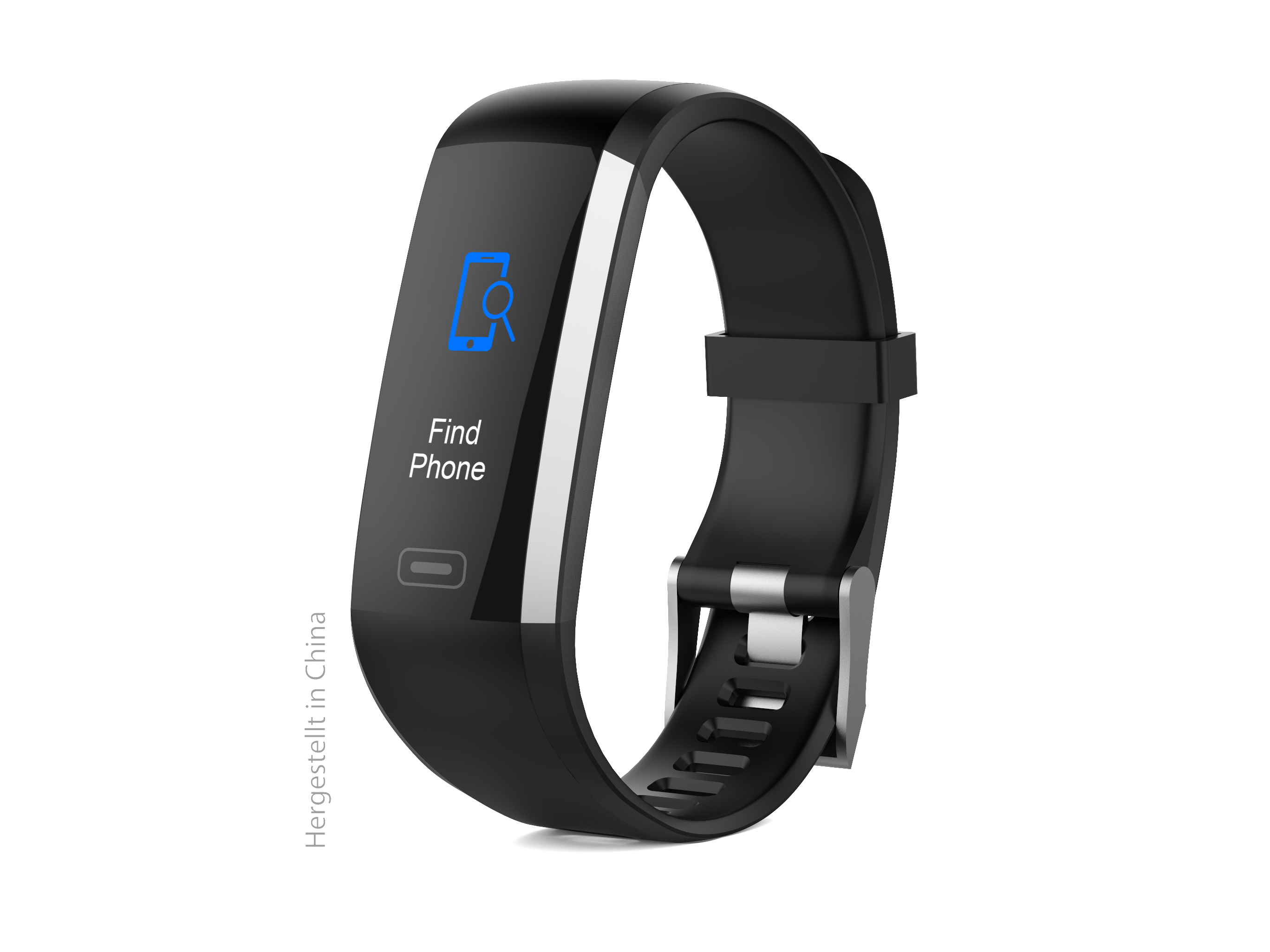 Eine schwarze Smartwatch mit den Worten „Telefon finden“ auf dem Bildschirm.