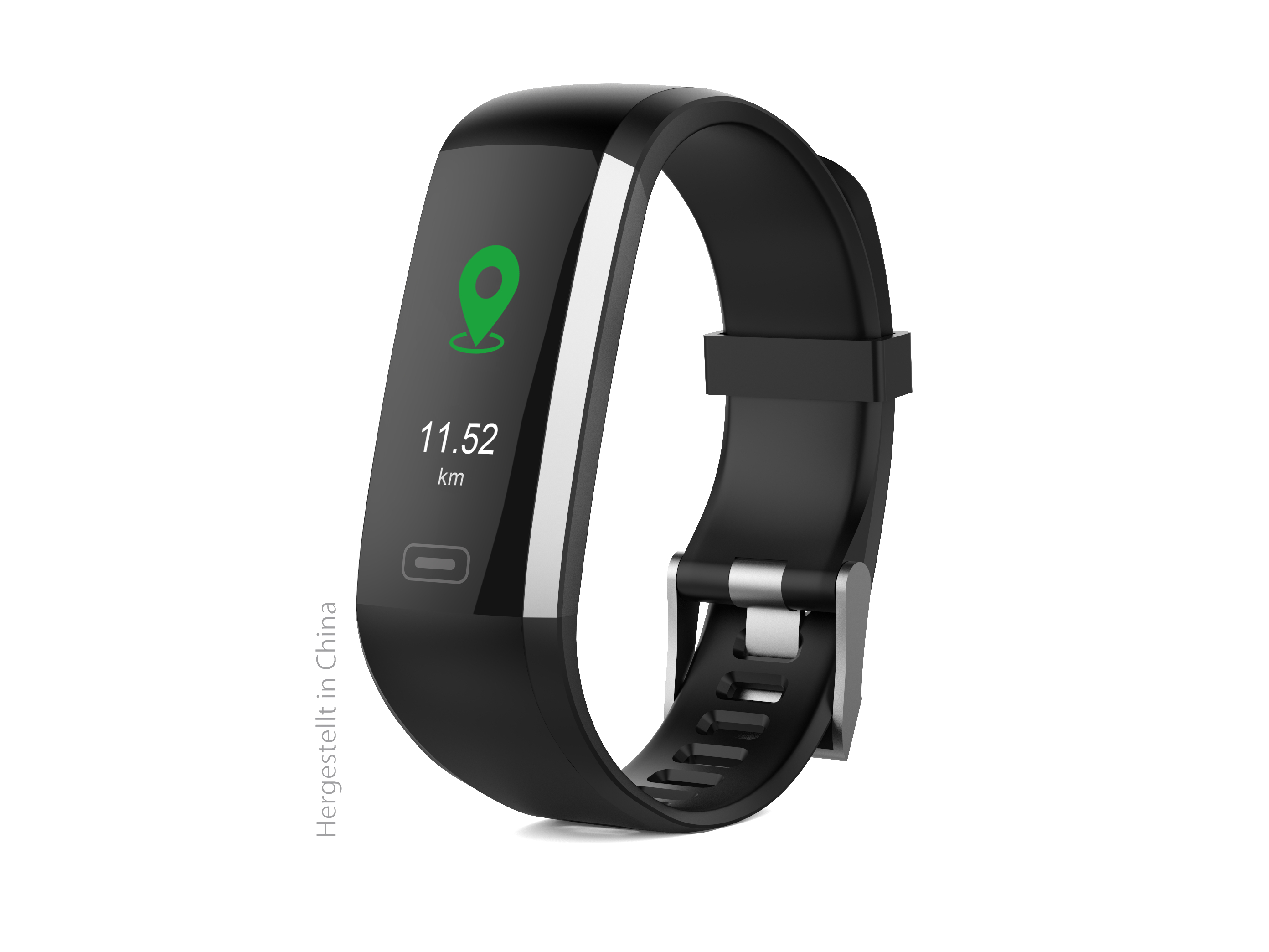 Schwarze Fitness-Tracker-Uhr mit grünem Standortsymbol und km-Anzeige auf weißem Hintergrund.