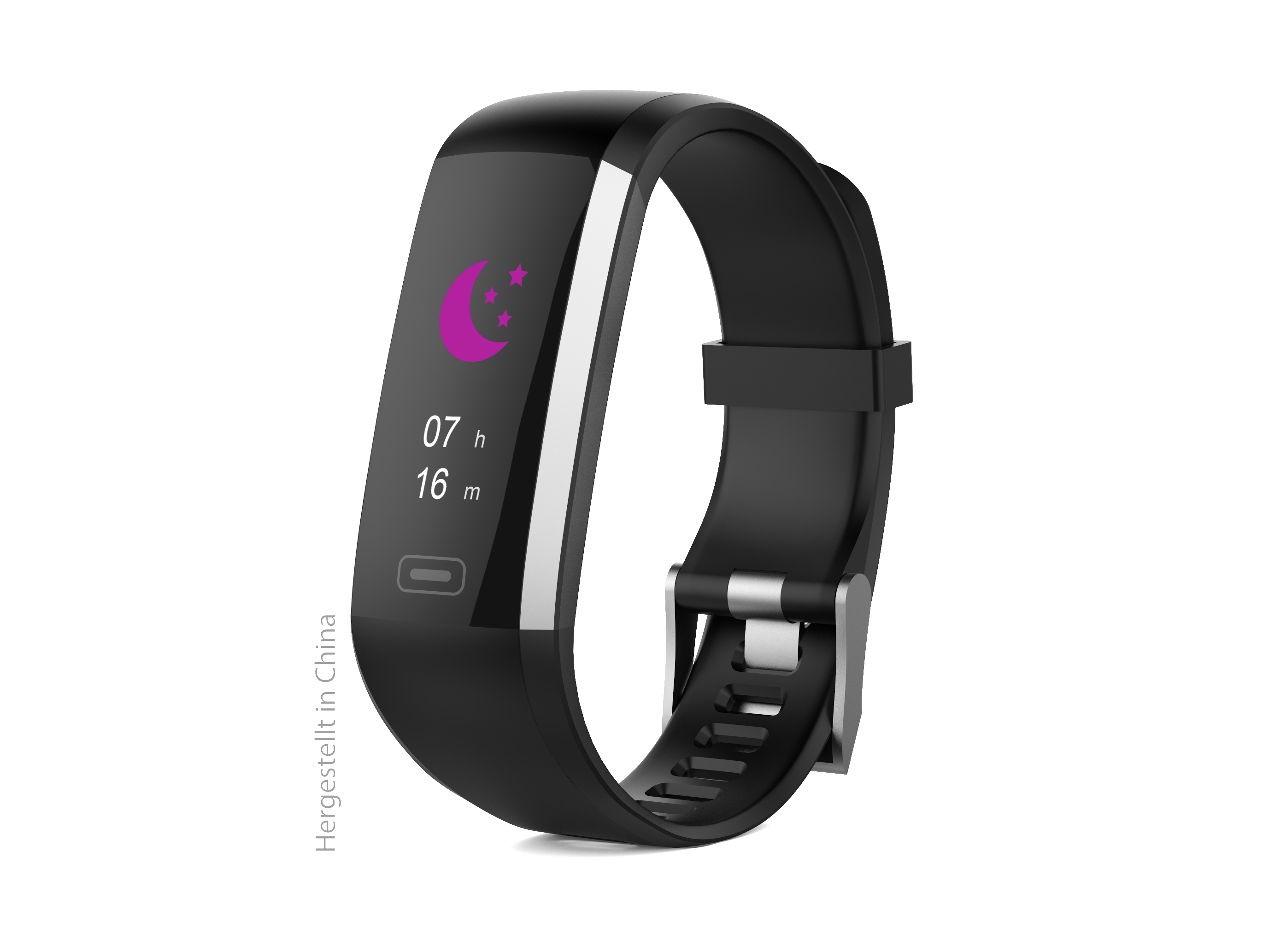 Ein schwarzer Fitness-Tracker mit einem Bildschirm, der die Uhrzeit und ein rosa Mond- und Sterne-Symbol anzeigt.