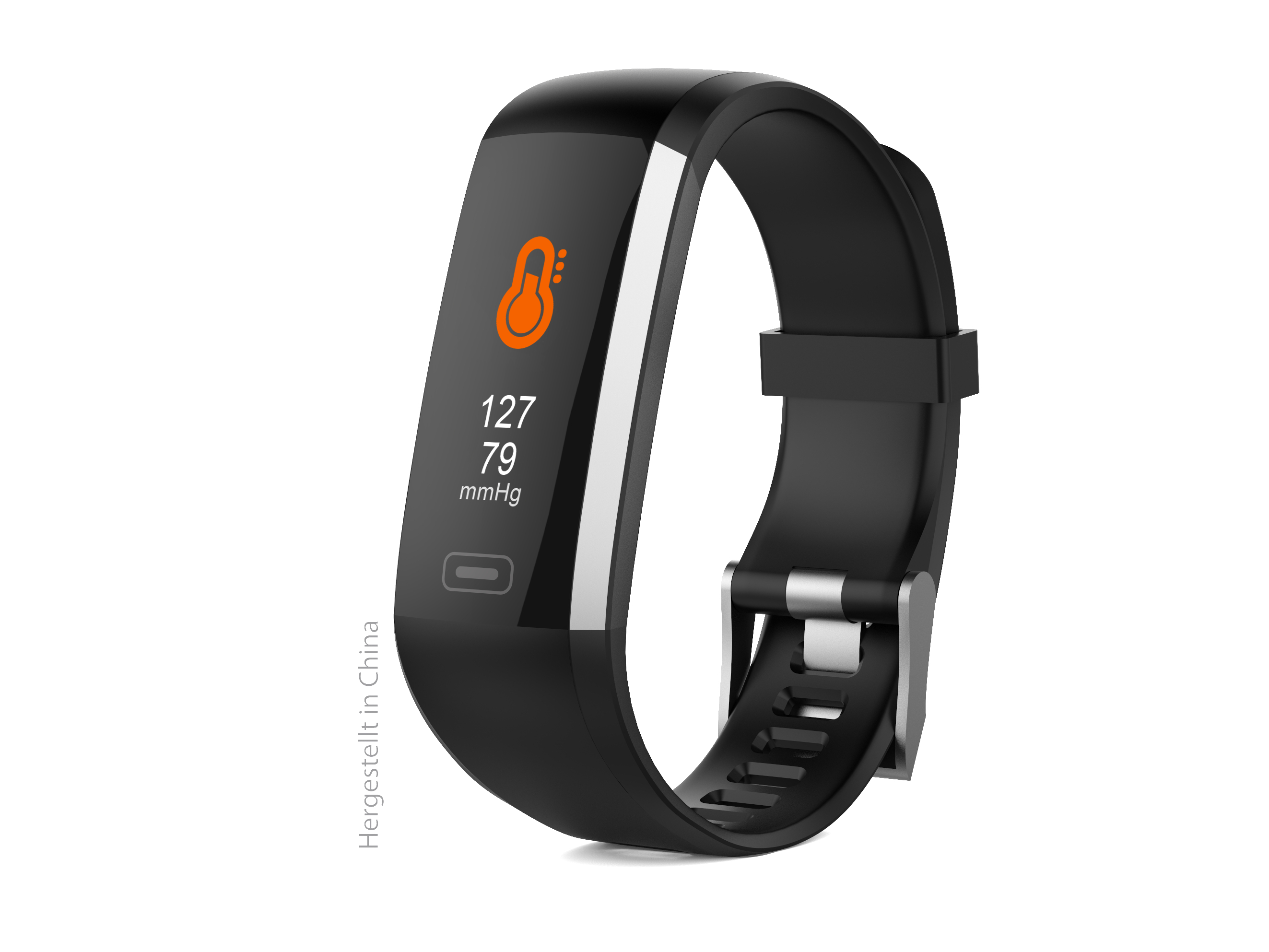 Schwarze Smartwatch mit orangefarbener Anzeige, die Vitalfunktionen zeigt.