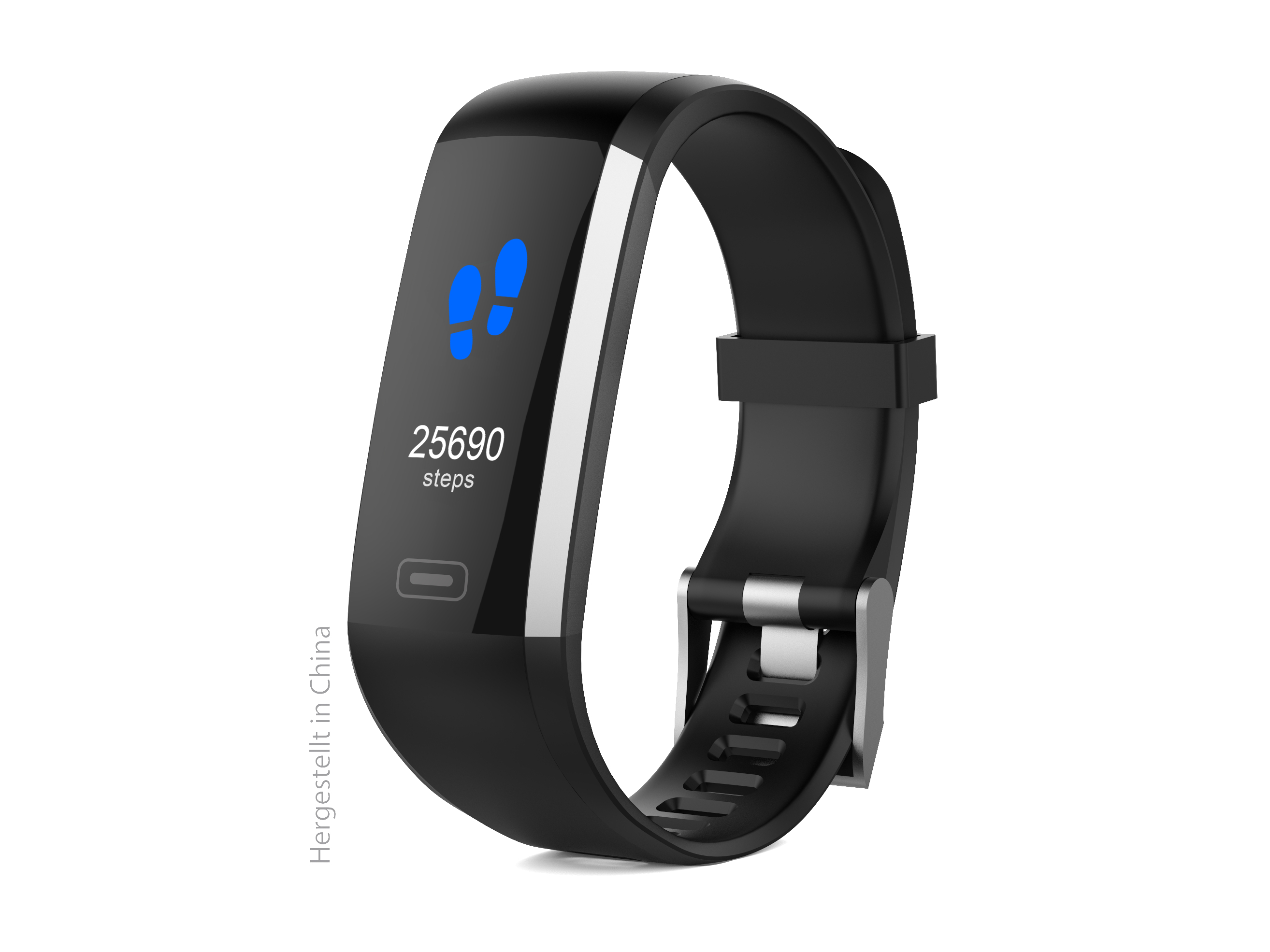 Schwarze Fitness-Tracker-Uhr mit blauem Schrittsymbol und Schritte-Anzeige auf weißem Hintergrund.