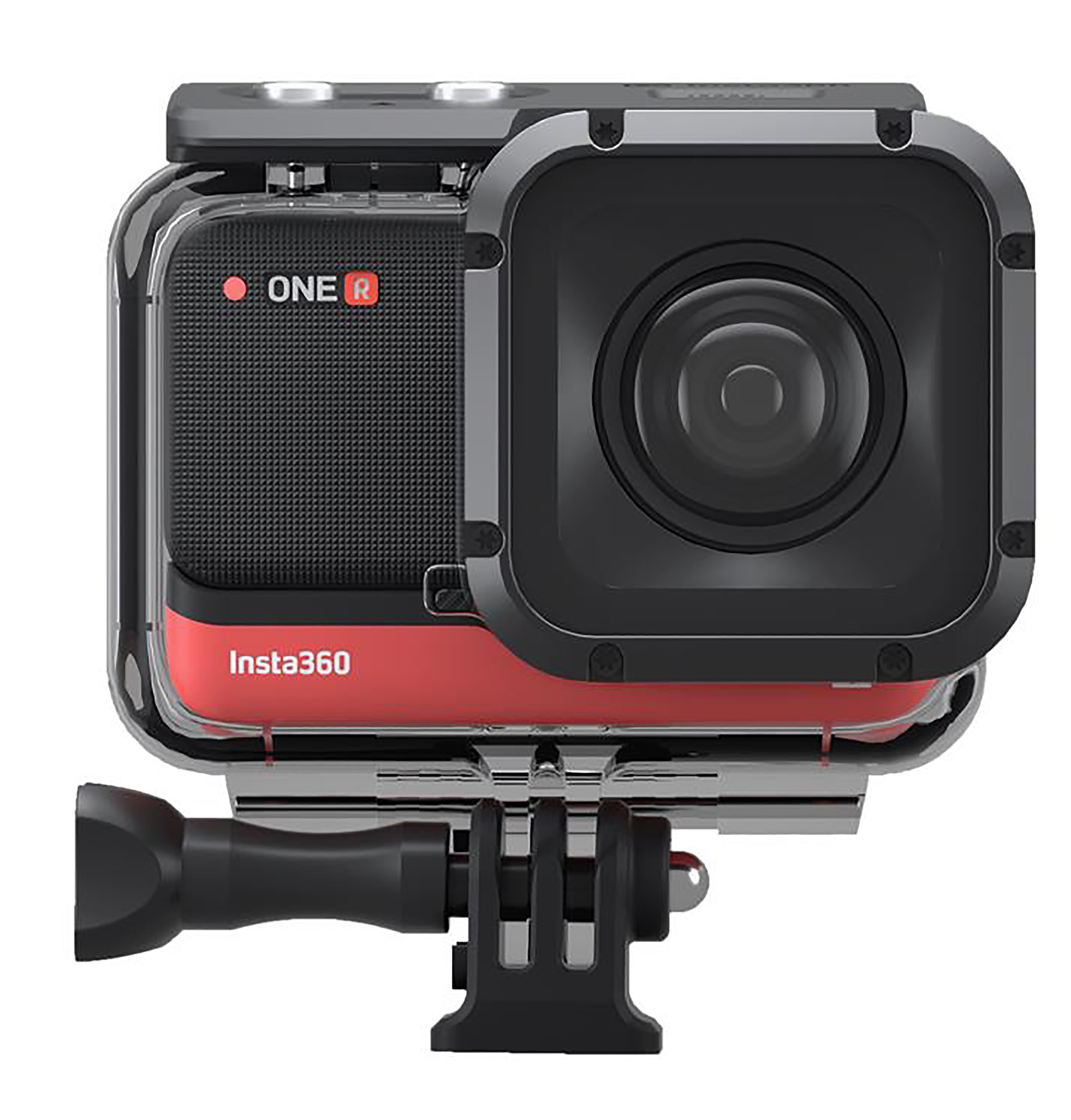 Een zwart-grijze Insta360 One R-camera met een rode basis. Hij heeft een lens en is gemonteerd op een zwarte beugel.