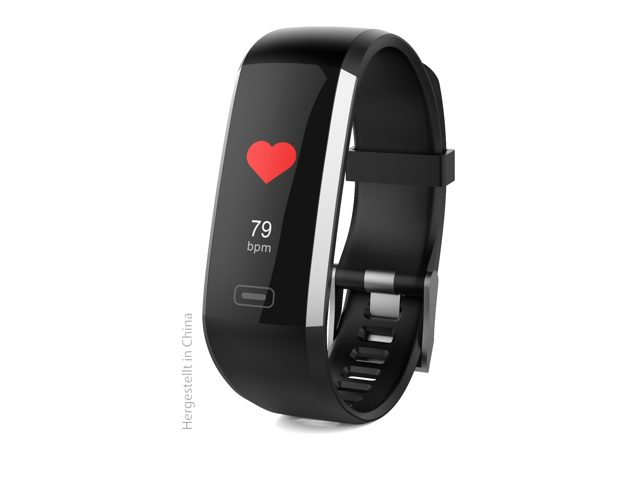 Schwarzer Fitnesstracker mit rotem Herzfrequenzsymbol.